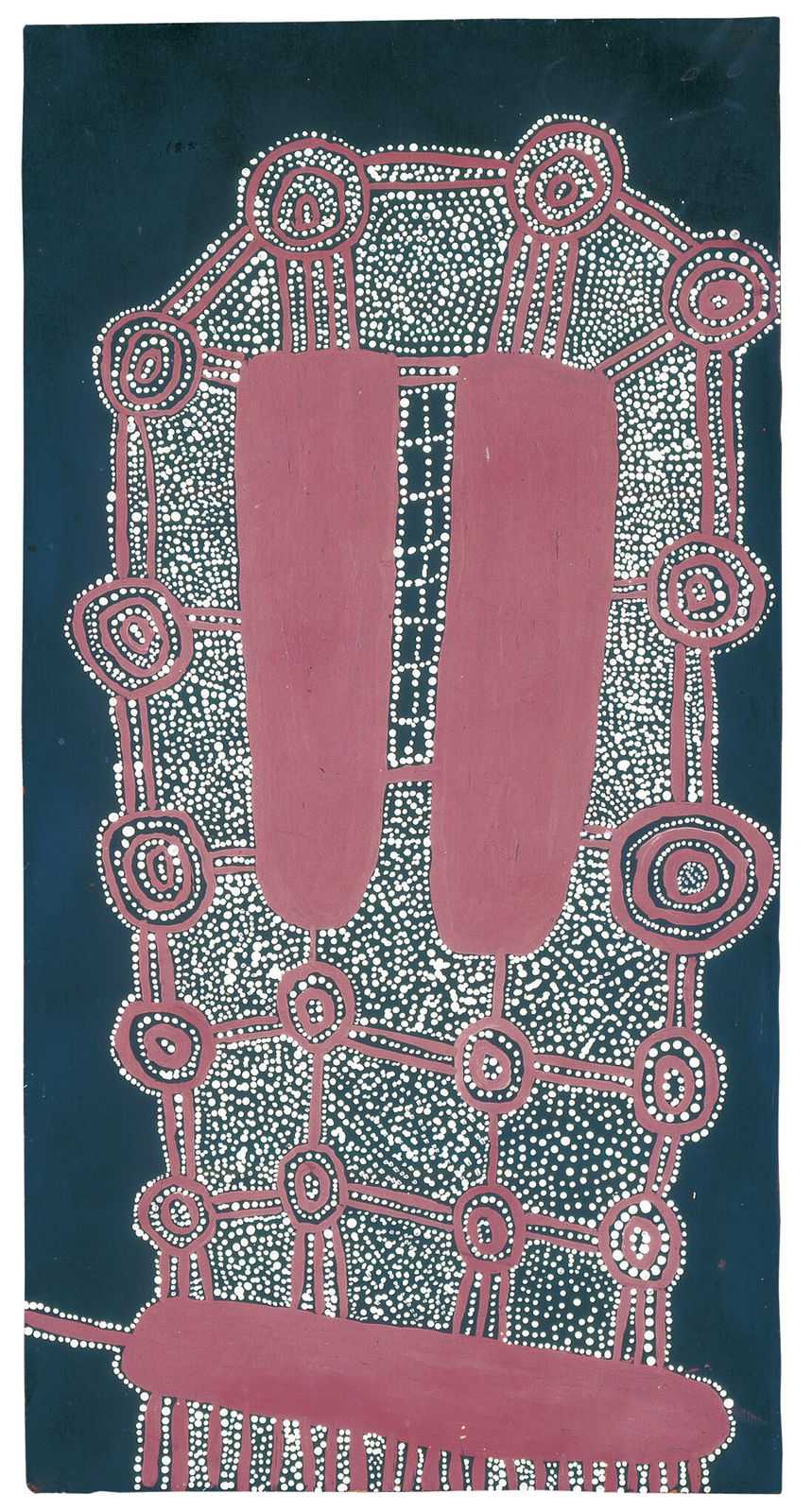Medicine Story by Uta Uta Tjangala (c. 1926–1990), 1971. Synthetic polymer/powder paint on composition board, 275⁄8 by 137⁄8 inches. © The estate of the artist, by permission of Papunya Tula Artists through the Aboriginal Artists Agency.