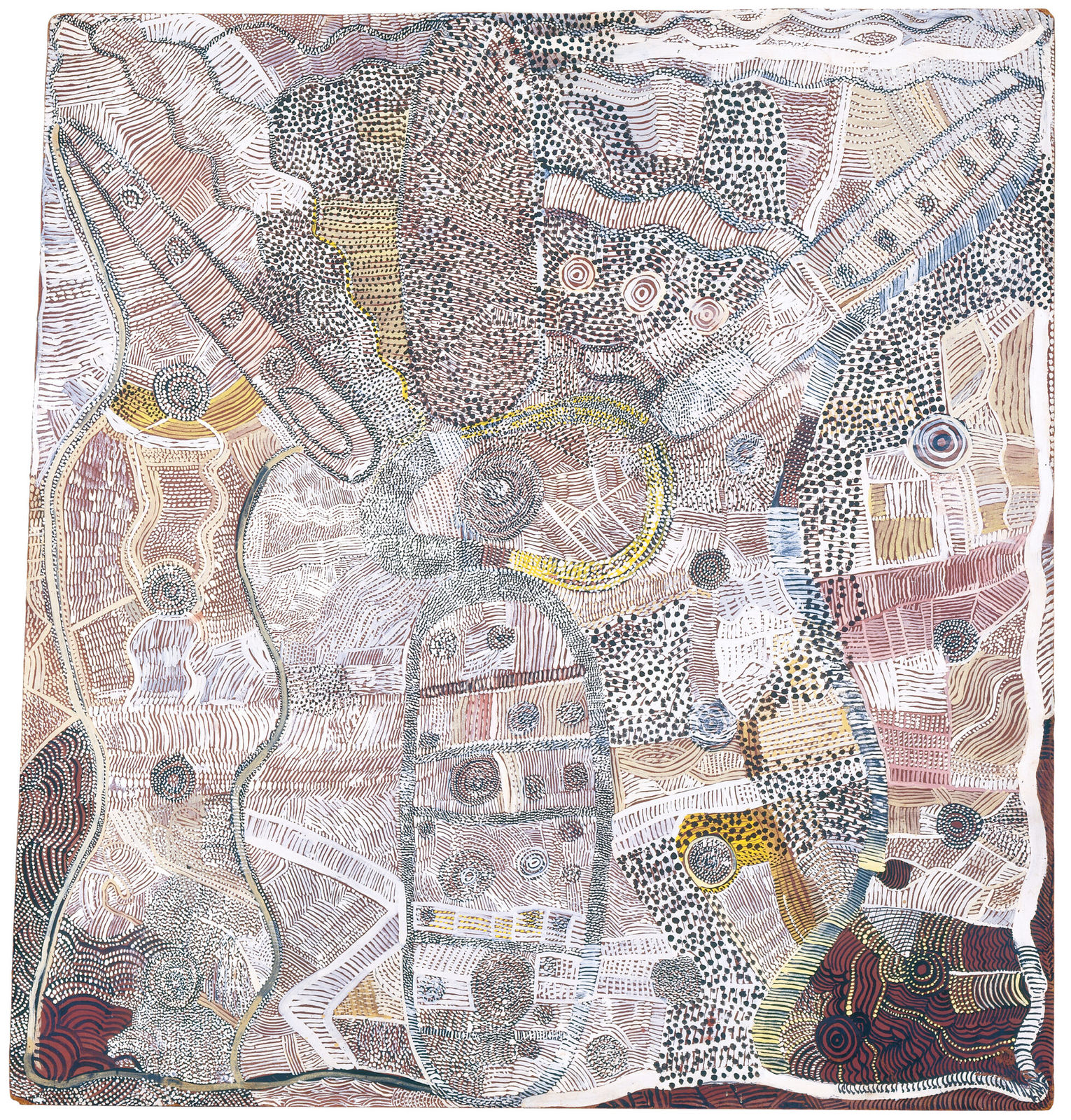 Water Dreaming at Kalipinypa by Johnny Warangkula Tjupurrula (c. 1918–2001), 1972. Synthetic polymer paint on board, 313⁄4, by 293⁄4 inches. © The estate of the artist, by permission of Papunya Tula Artists through the Aboriginal Artists Agency.