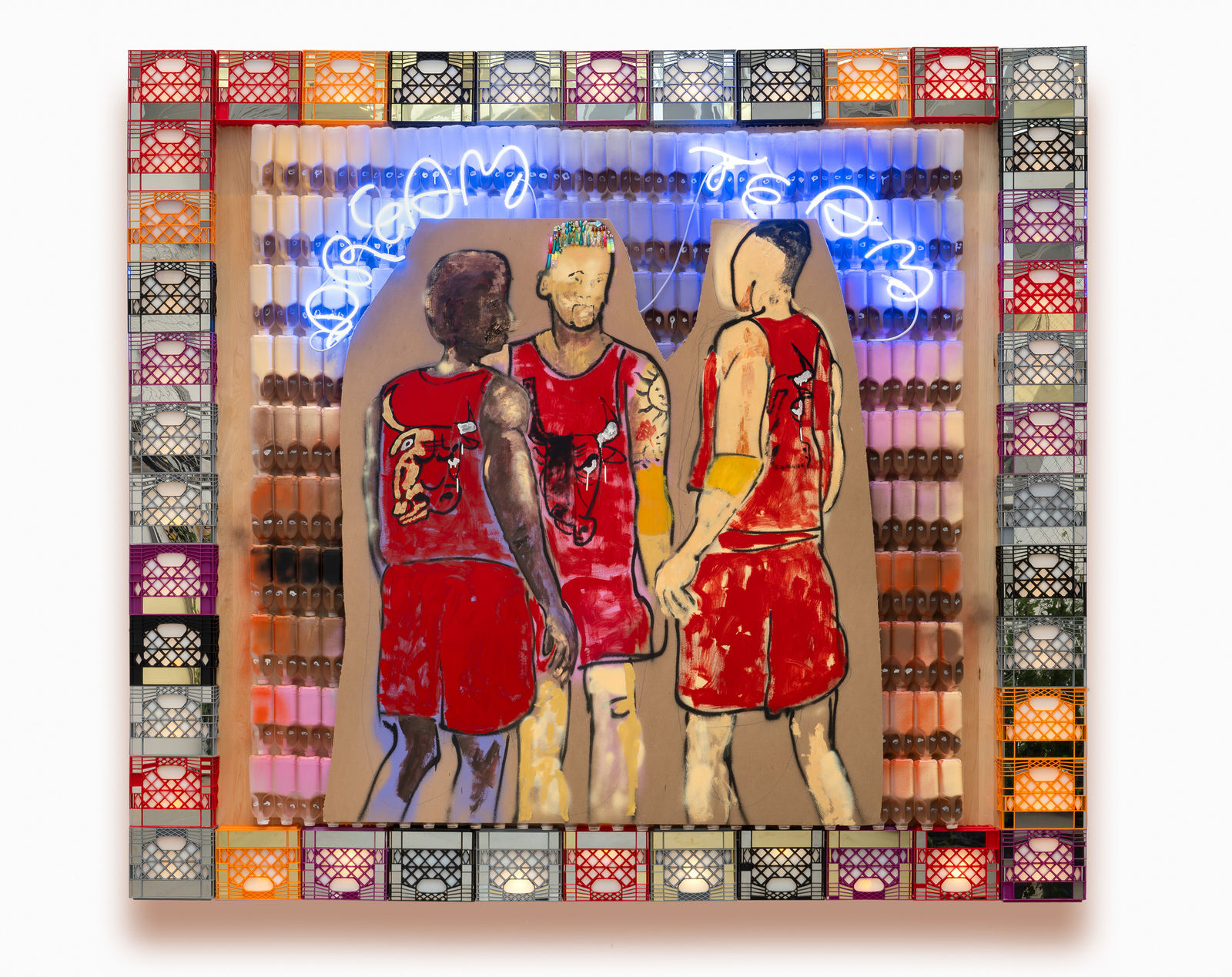 Alvaro Barrington Les Dames de Got Milk, Oct 2023, 2023 Oil, acrylic, enamel, Flashe, acrylic nails on cardboard and neon...