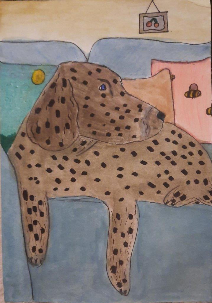 A child's painting of a spotted dog sitting on a pastel colour sofa