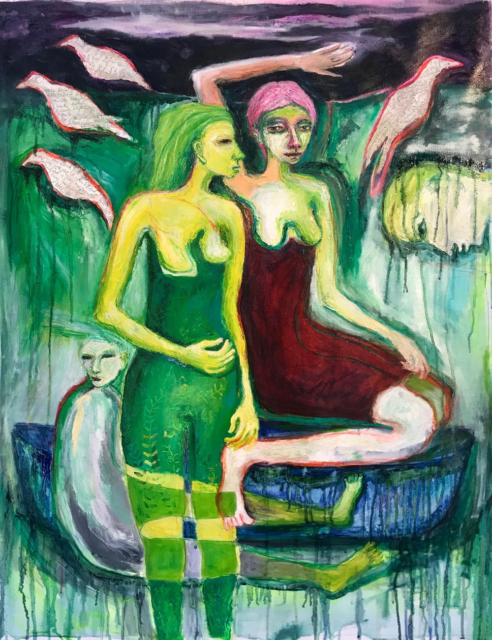A painting by the contemporary artist Rebecca Swainston. The figures of two women appear to be sitting aboard a boat. A third, doll like figure sits just behind them. To the right, a human head peers at them, the rest of the body not visible. The women ar