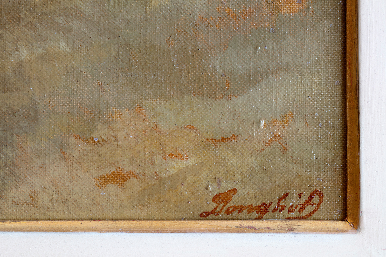 Detail of an oil painting of a Roman landscape (a corner of Palatine Hill). Trees line a path with a building in the distance. The detail shows the artist’s signature.