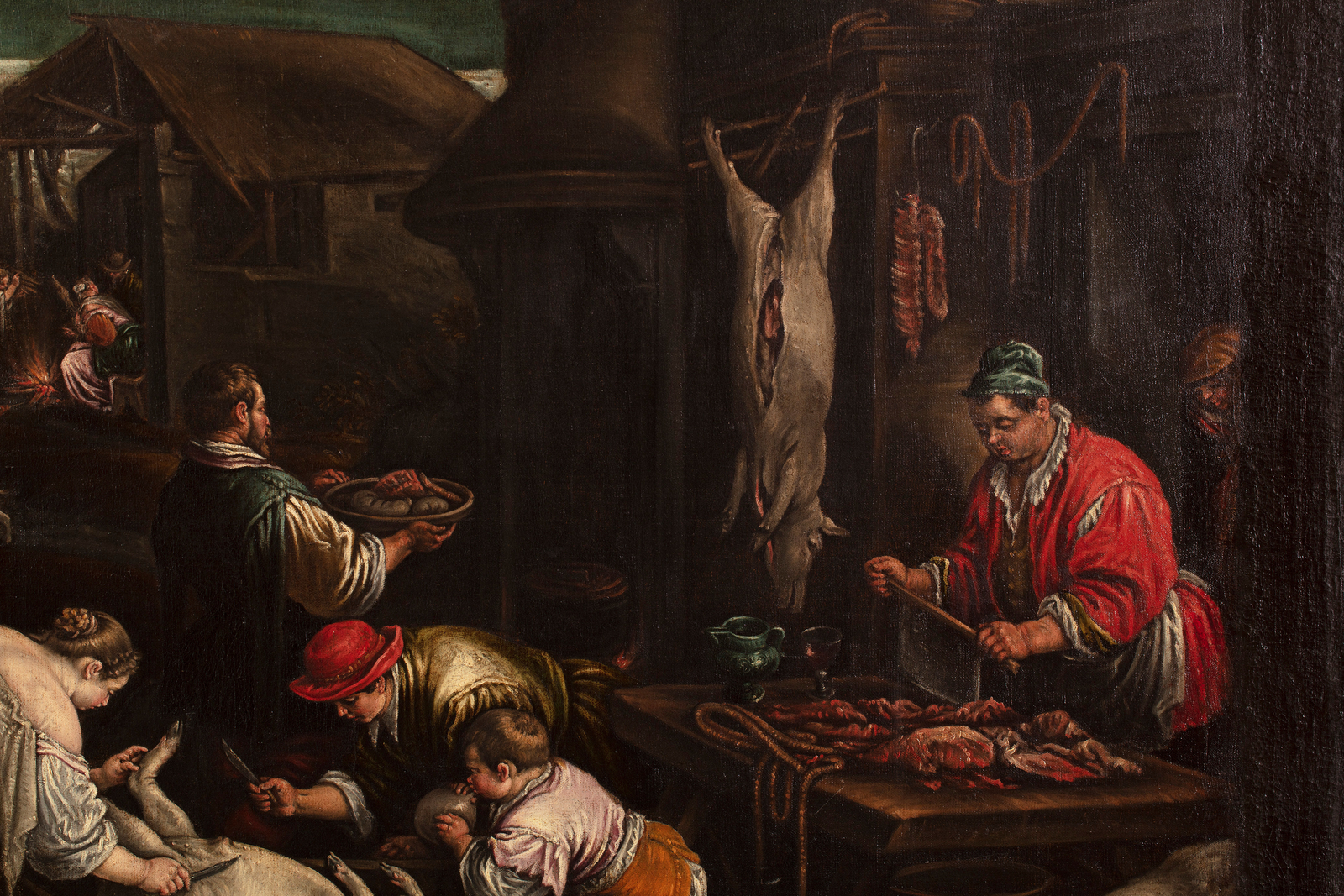 Detail of an oil painting of rural people preparing slaughtered animals for food.