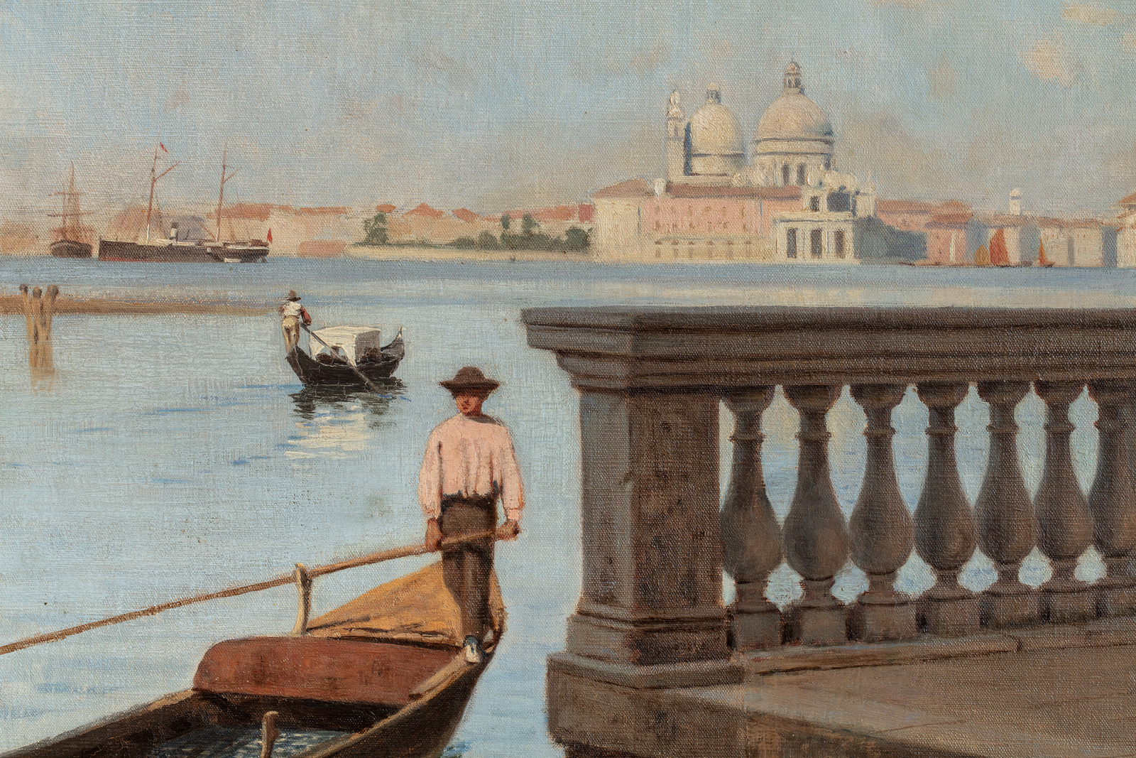 A detail of an oil painting depicting a scene of Venice with the lagoon gondolier and pigeons. Artwork details: Artist: Carlo Fornara. Artwork title: Venezia. Artwork date: c.1890-1900. Artwork medium: Oil on canvas. Artwork dimensions: 60 x 100 cm.