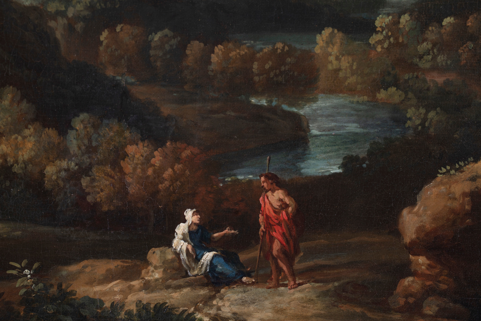 Detail of an oil painting of the Roman countryside landscape.