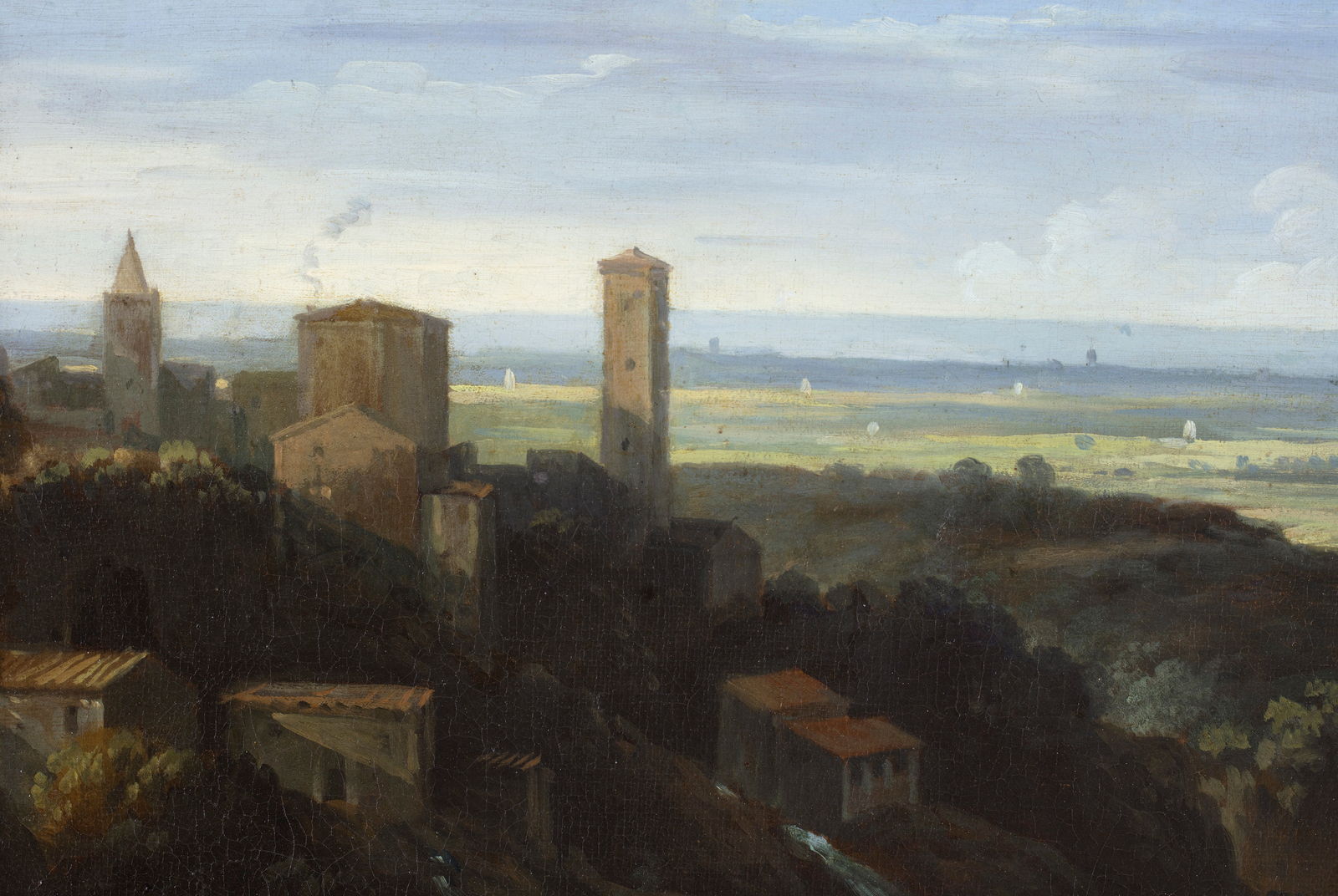 Detail of an oil painting of the Roman countryside landscape.