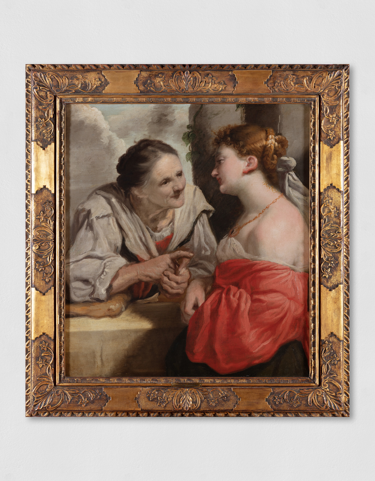 An oil painting shows an older and younger woman in conversation. The image illustrates an old fable using summer as a metaphor for beauty. Summer draws closer to its end, and beauty, along with life, is fleeting.