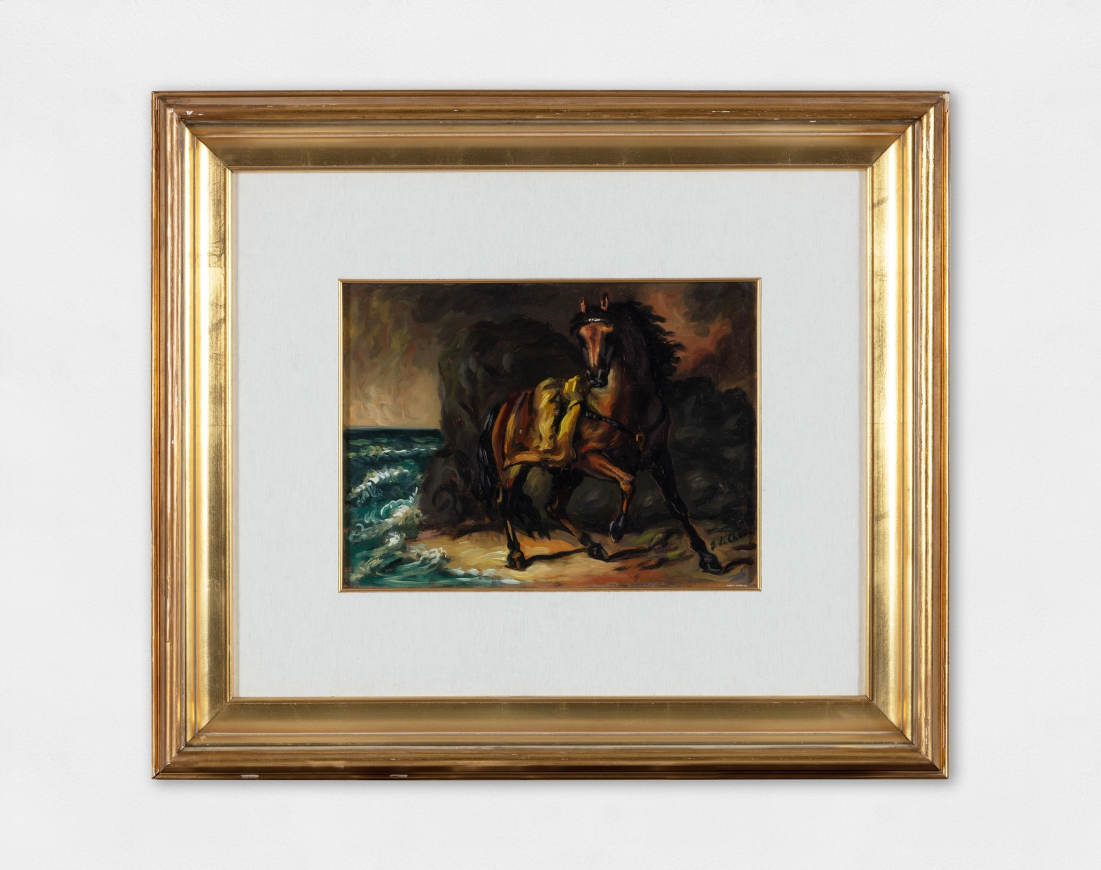 Oil painting of a chestnut-coloured horse at the beach shore.