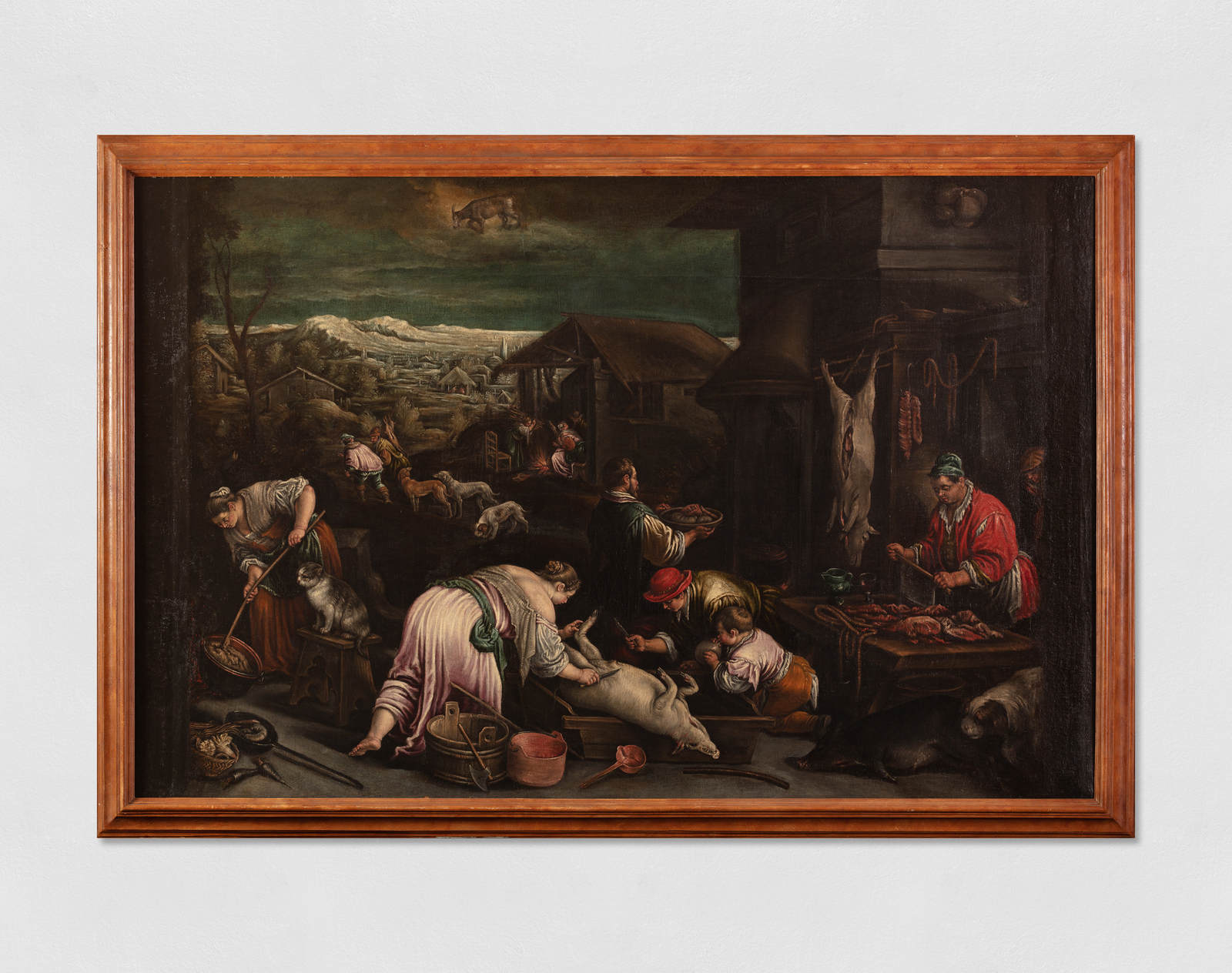 An oil painting of rural people preparing slaughtered animals for food.
