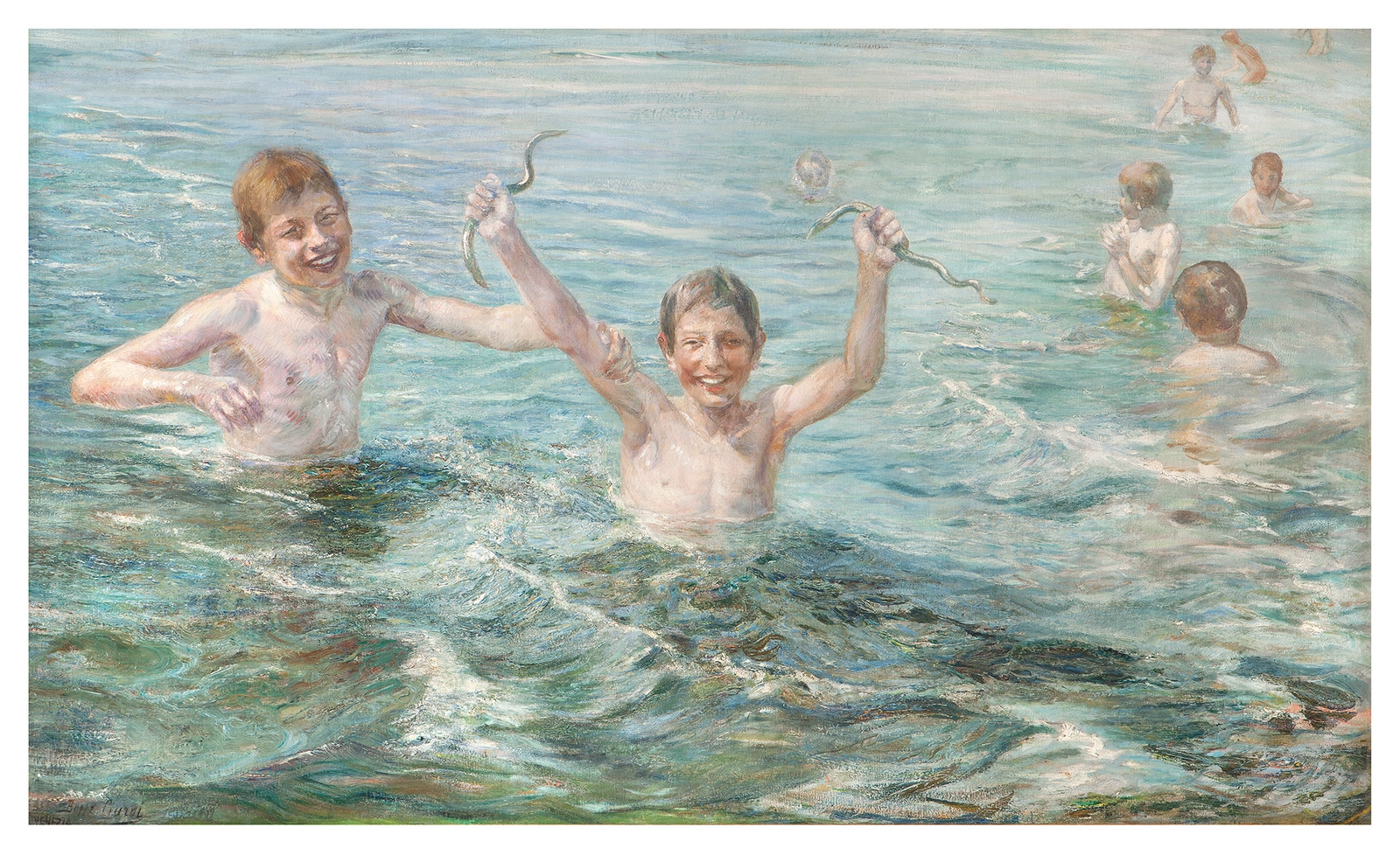 An oil painting of children playing in the water.