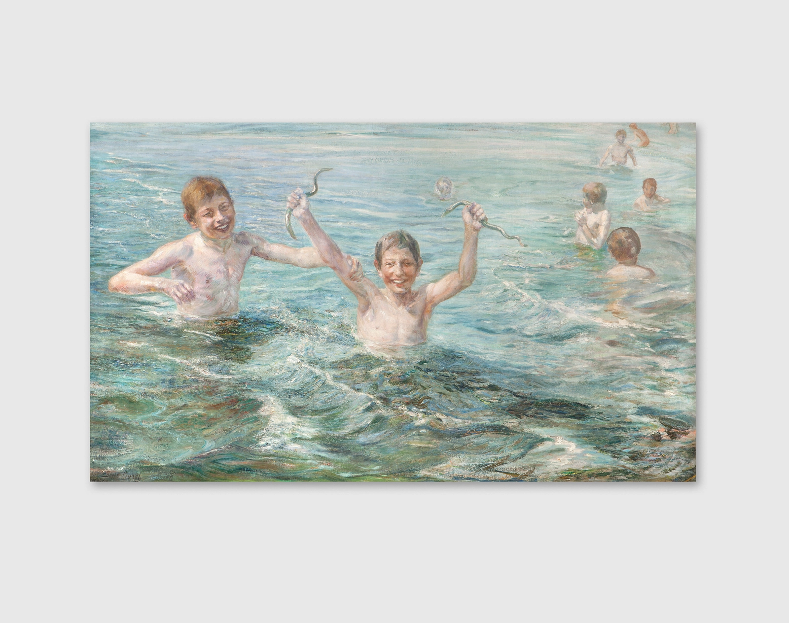 An oil painting of children playing in the water.