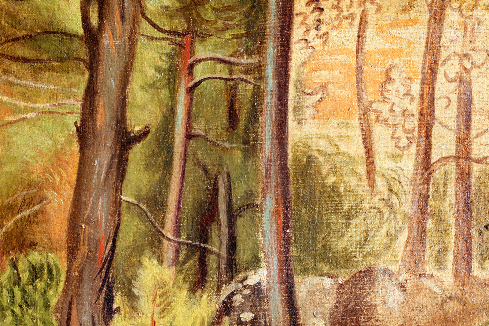 Detail of an oil painting of a still forest in greens, yellows and browns. Artwork details: Artist: Giorgio De Chirico. Artwork title: Bosco silente. Artwork date: 1925. Artwork medium: Oil on canvas. Artwork dimensions: 51 x 60.5 cm.