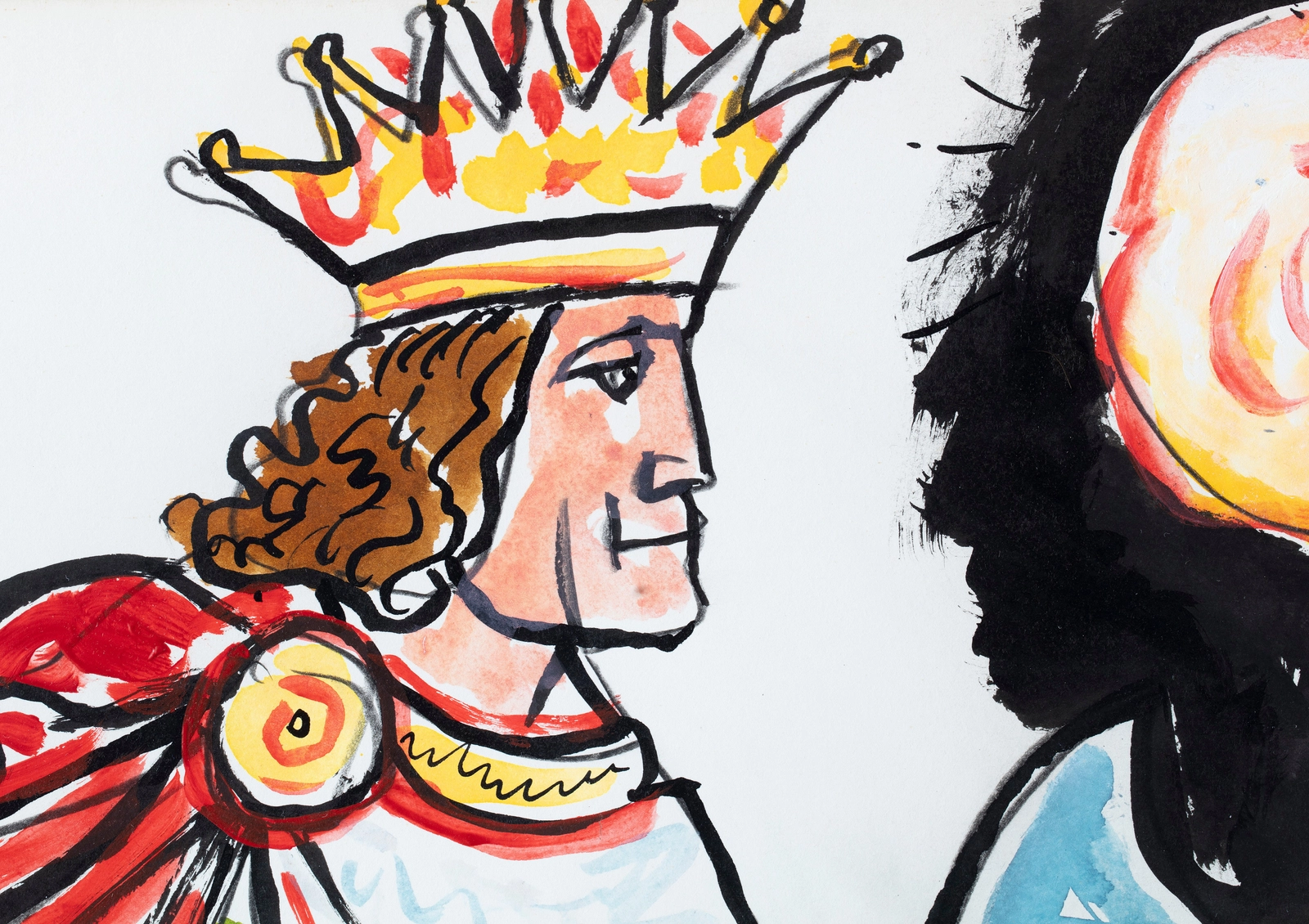 Detail of a tempera painting of a king with long brown hair wearing a gold crown.