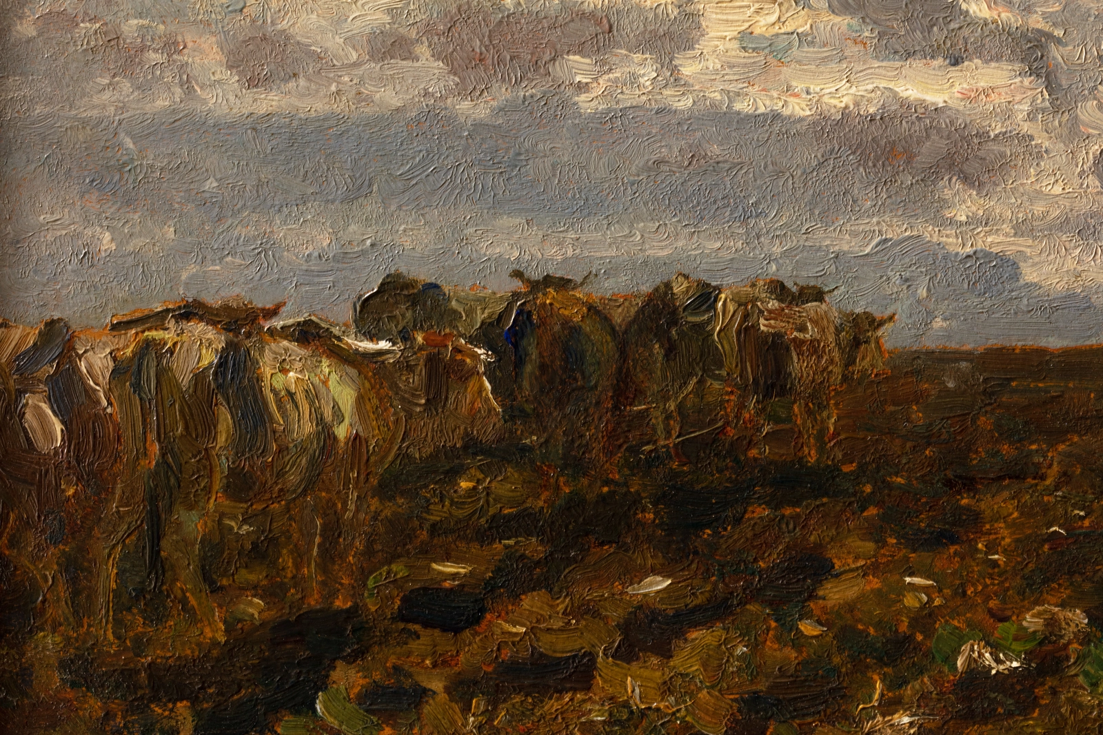 An oil painting of cattle in a field with blue skies and white clouds.