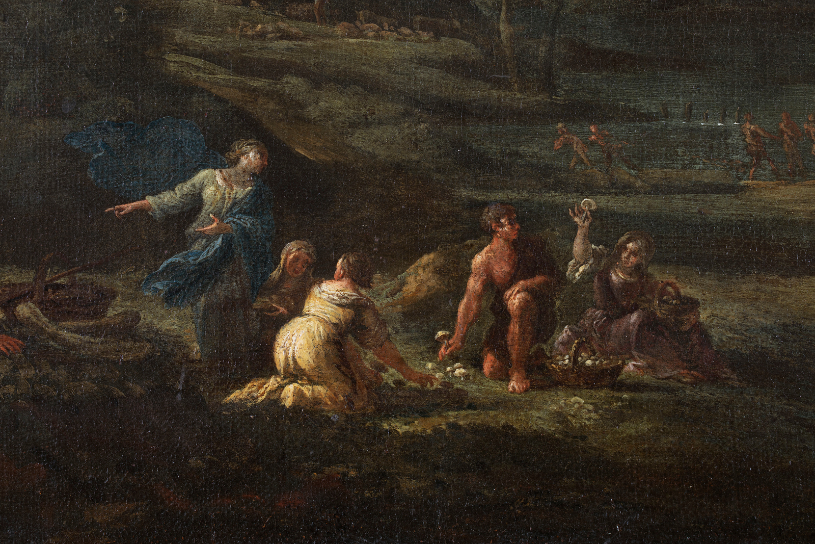 Detail of an oil painting of the Lazio landscape and mushroom picking.