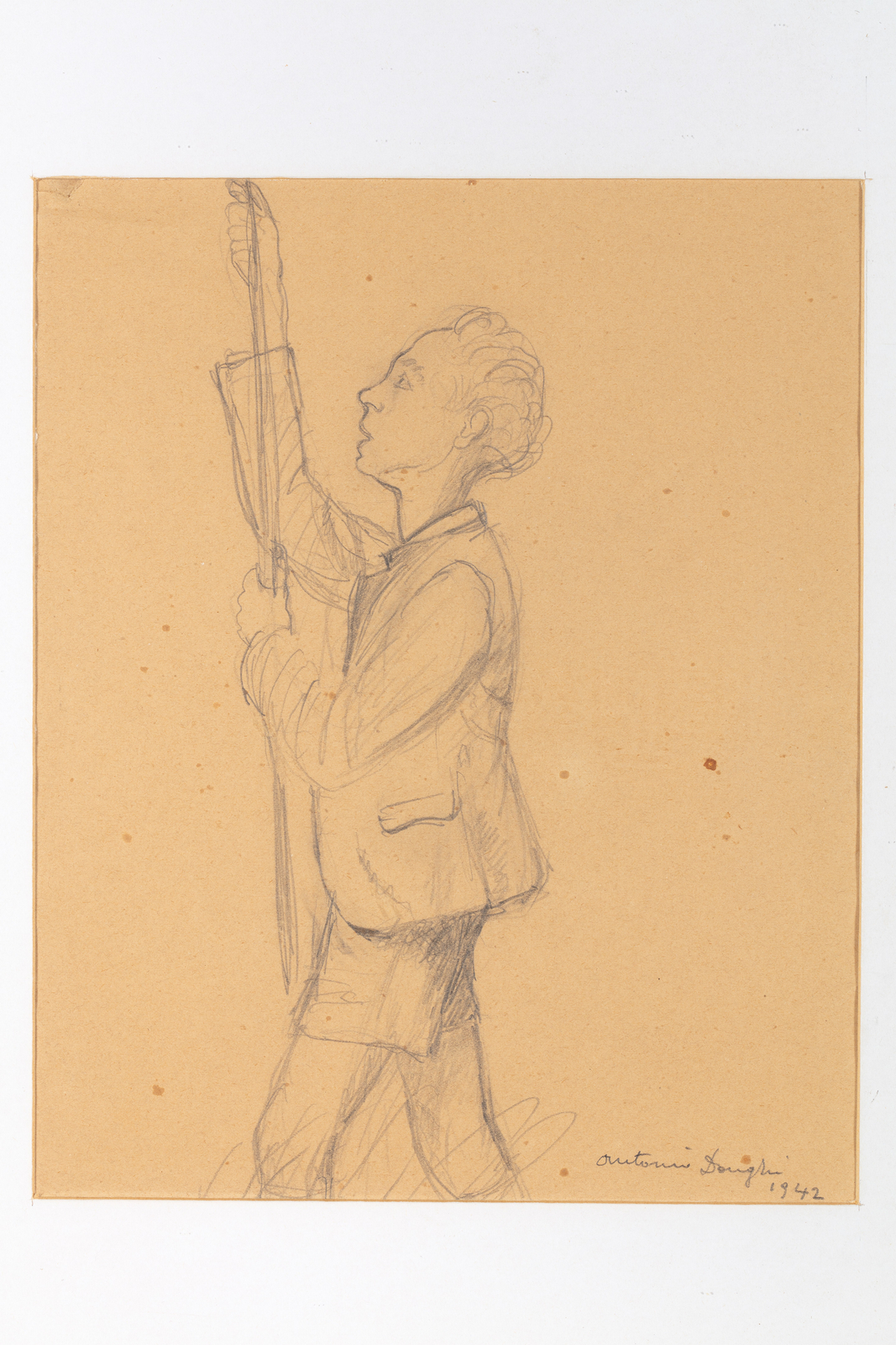 A pencil drawing on paper of a young man pulling rope.