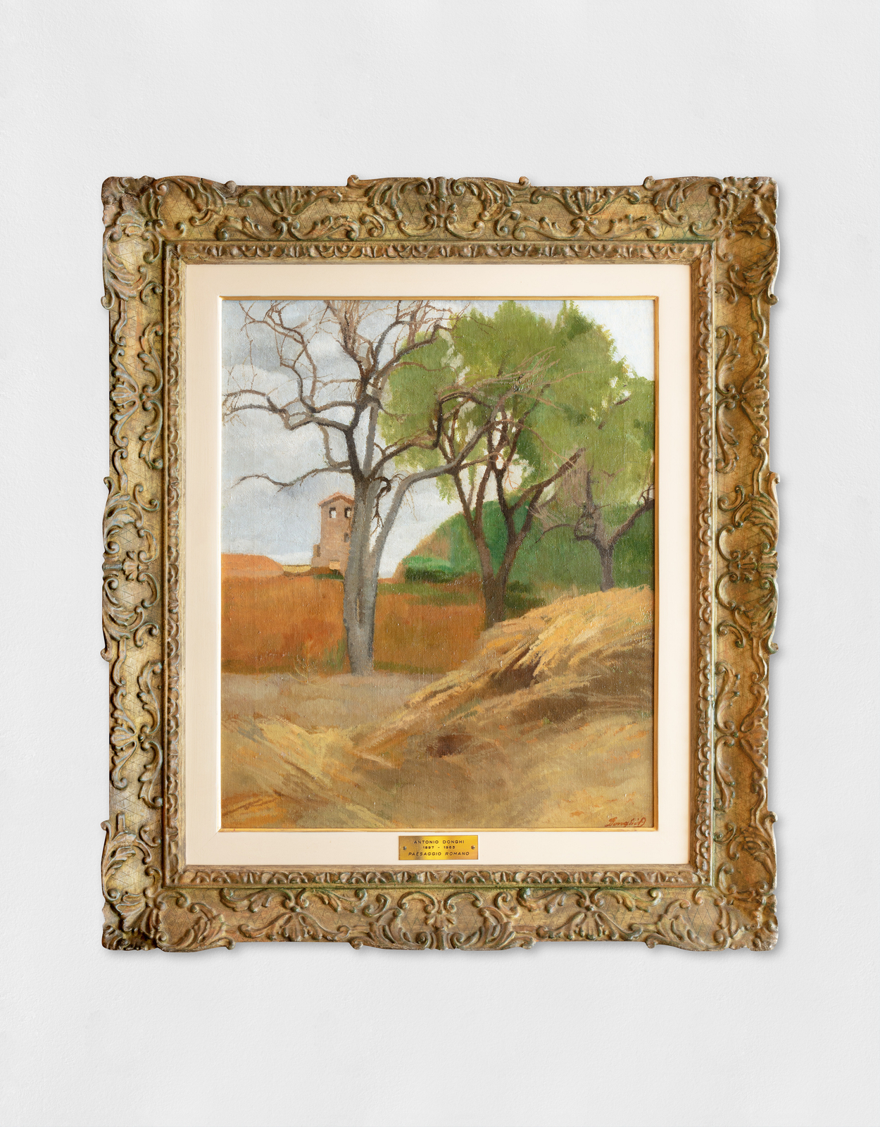 An oil painting of a Roman landscape (a corner of Palatine Hill). Trees line a path with a building in the distance.