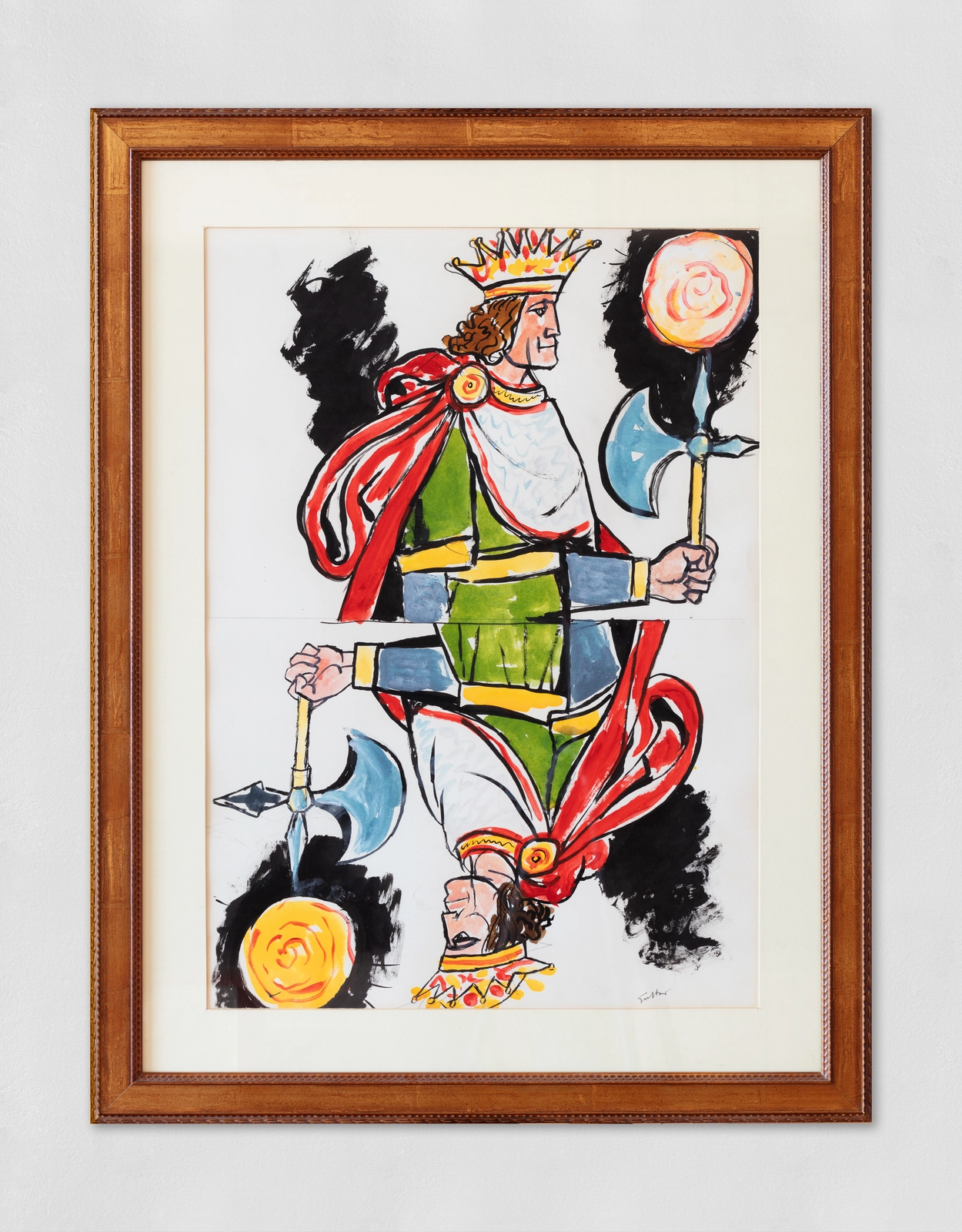 A tempera painting of a king with long brown hair wearing a gold crown and red cape and reflected in reverse like a playing card.