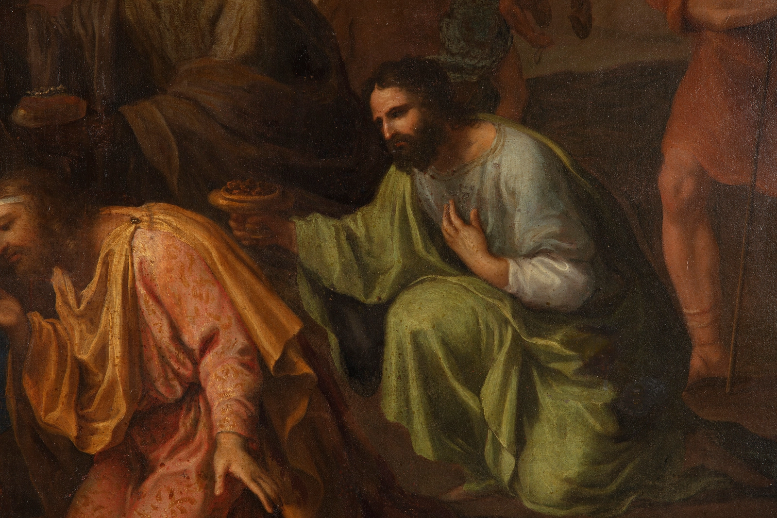 Detail of an oil painting of the Adoration of the Magi or Adoration of the Kings or Visitation of the Wise Men is the name traditionally given to the subject in the Nativity of Jesus in art in which the three Magi, represented as kings, especially in the West, having found Jesus by following a star, lay before him gifts of gold, frankincense, and myrrh, and worship him.