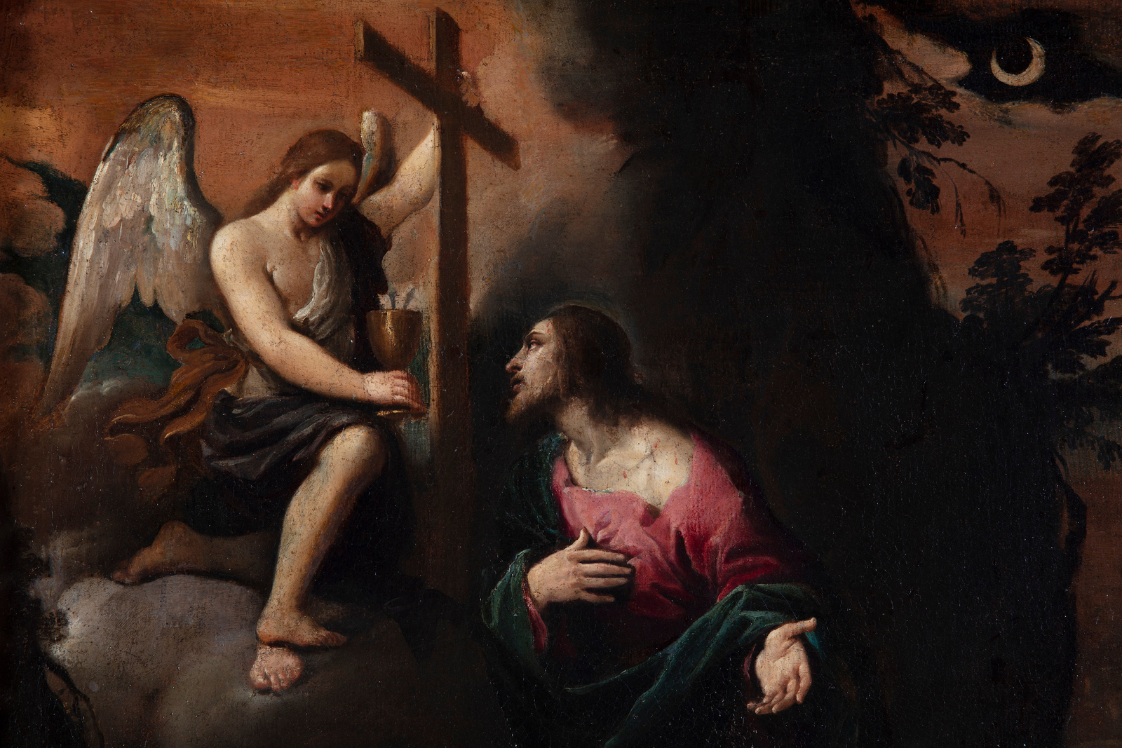 Detail of the painting depicting Christ in the Garden of Gethsemane, looking towards an angel handing him a cross.