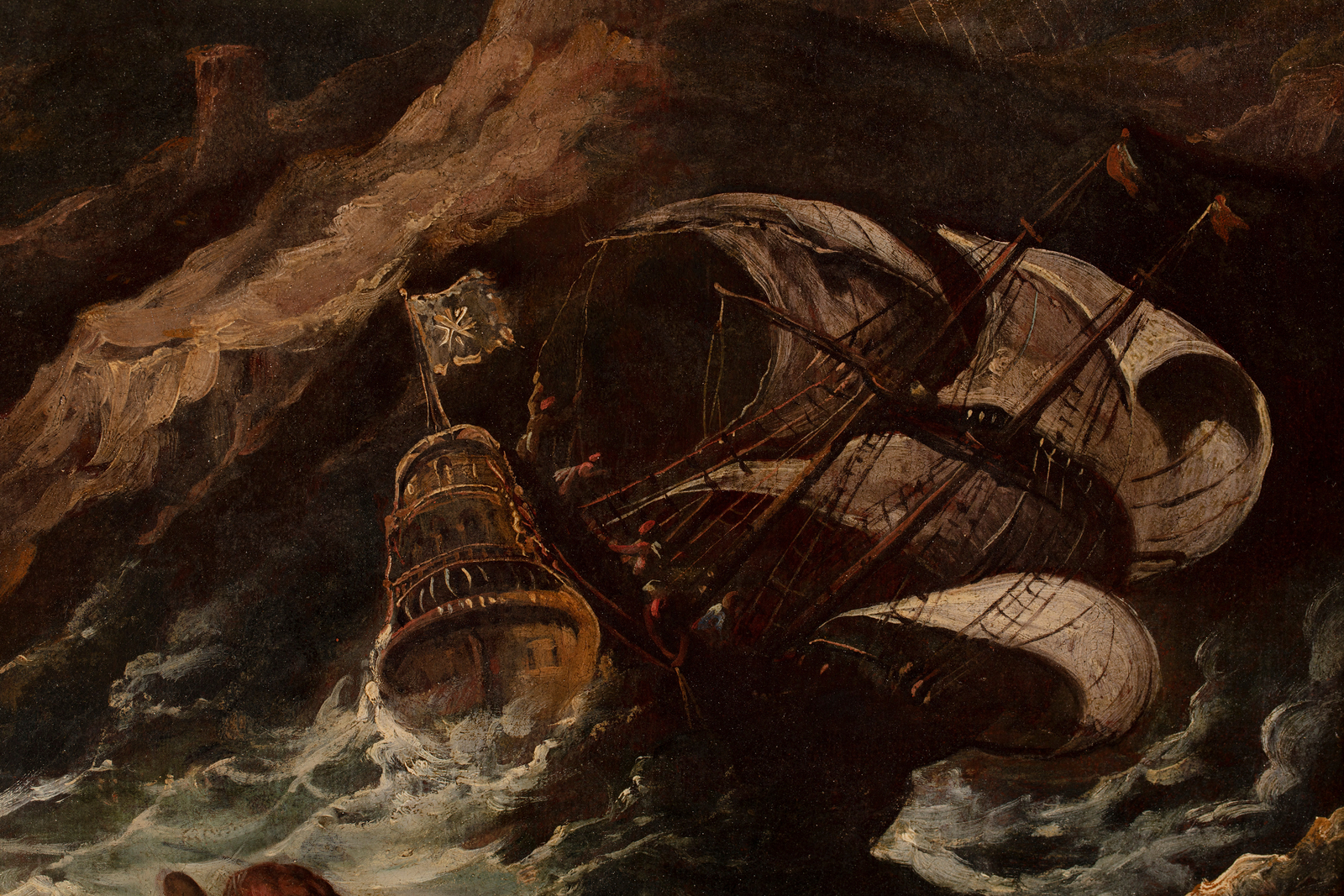 Detail of an oil painting of a fortification with storm and shipwreck.