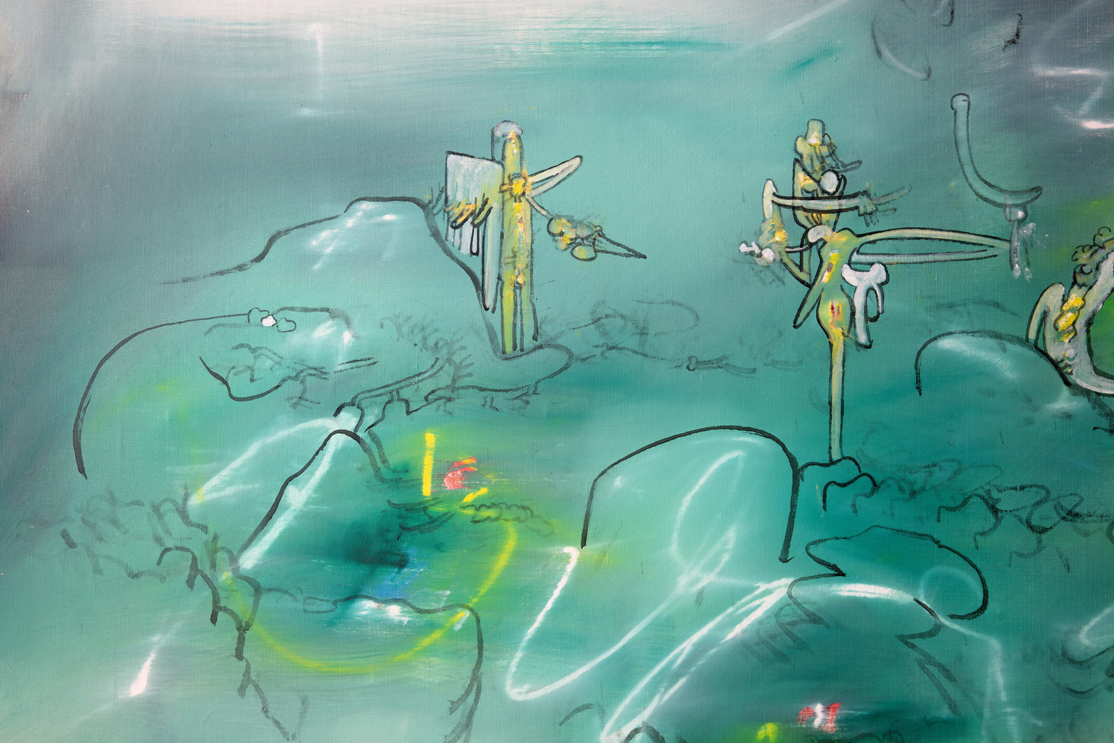 Detail of an abstract oil painting in green, yellow, white and black.