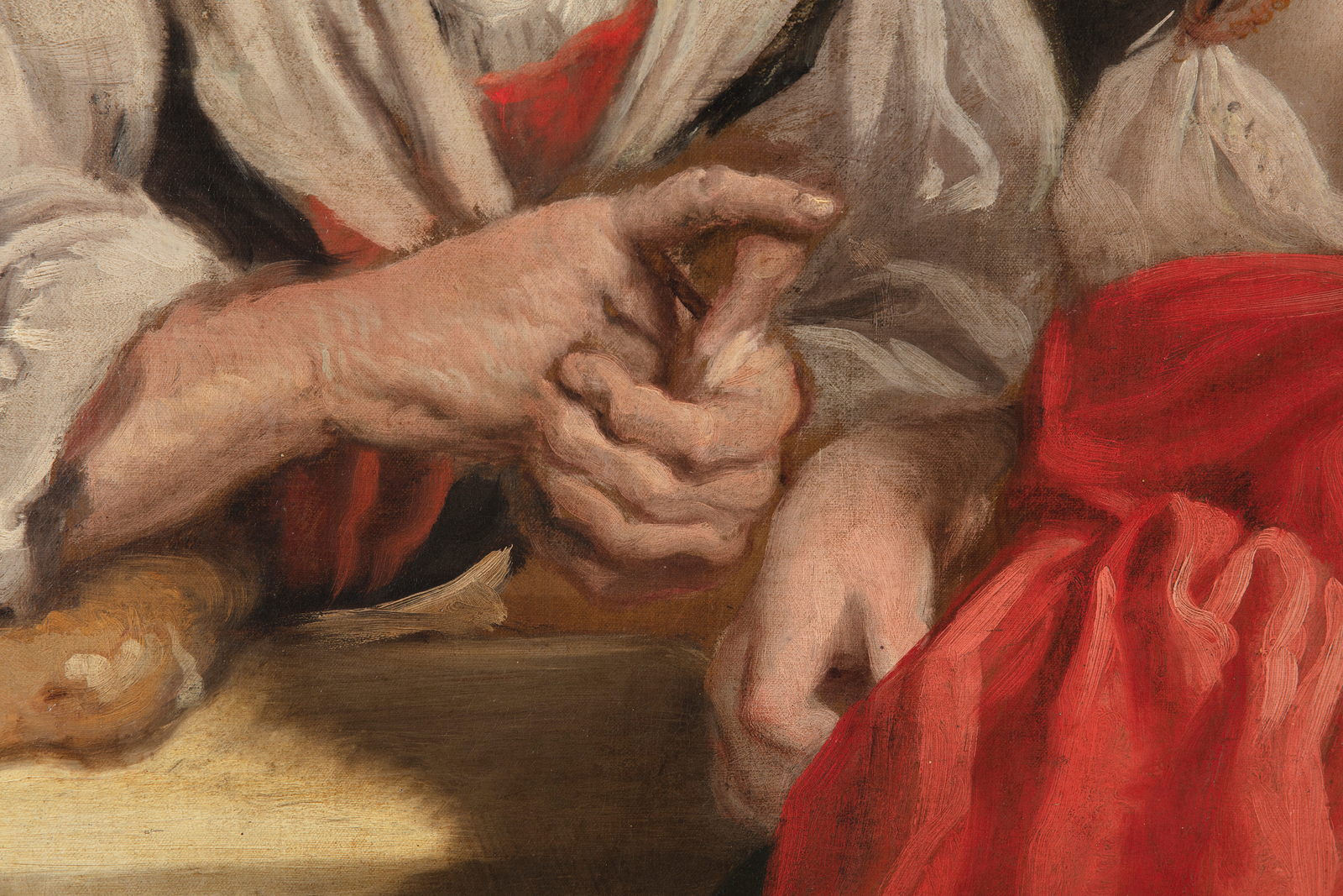 Detail of an oil painting shows an older and younger woman in conversation. The image illustrates an old fable using summer as a metaphor for beauty. Summer draws closer to its end, and beauty, along with life, is fleeting. This detail shows the hands of the two characters.