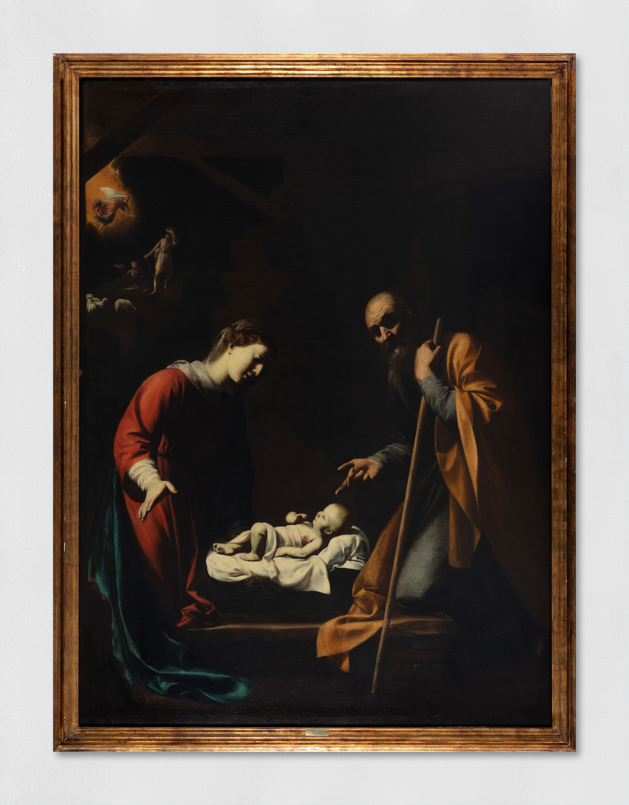 An oil painting of the nativity.