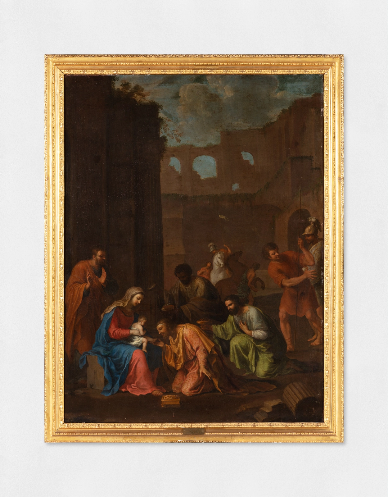 An oil painting of the Adoration of the Magi or Adoration of the Kings or Visitation of the Wise Men is the name traditionally given to the subject in the Nativity of Jesus in art in which the three Magi, represented as kings, especially in the West, having found Jesus by following a star, lay before him gifts of gold, frankincense, and myrrh, and worship him.