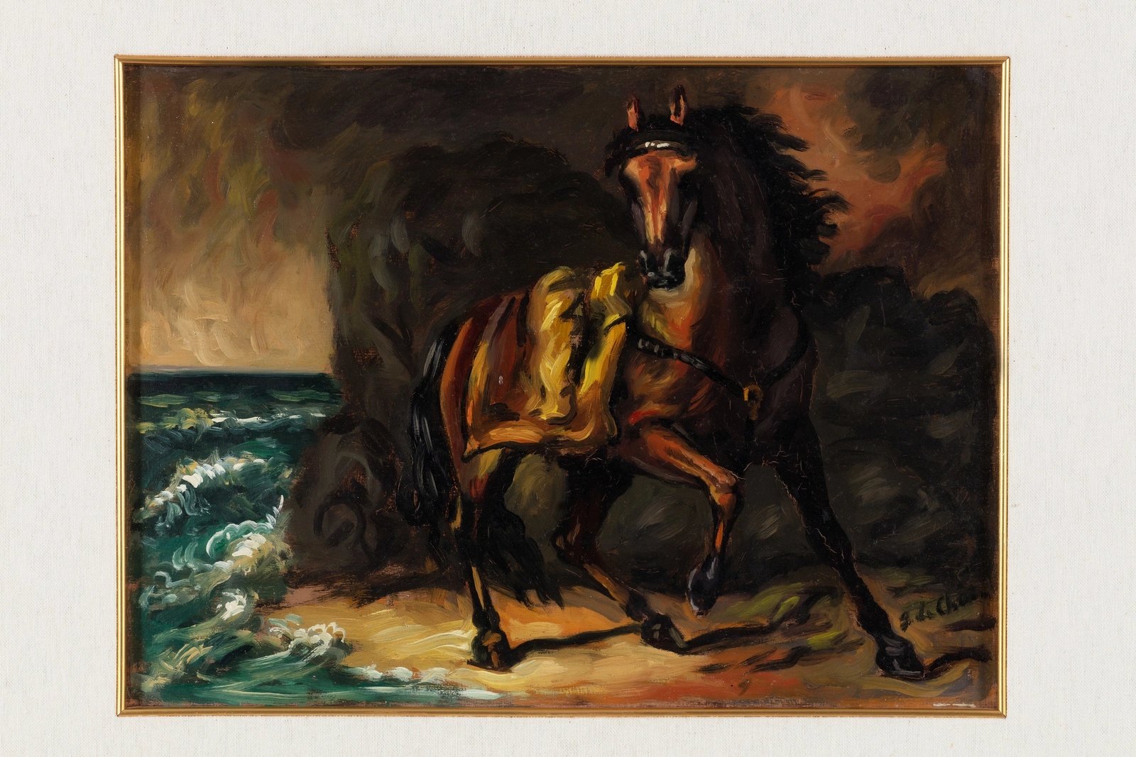 Oil painting of a chestnut-coloured horse at the beach shore.