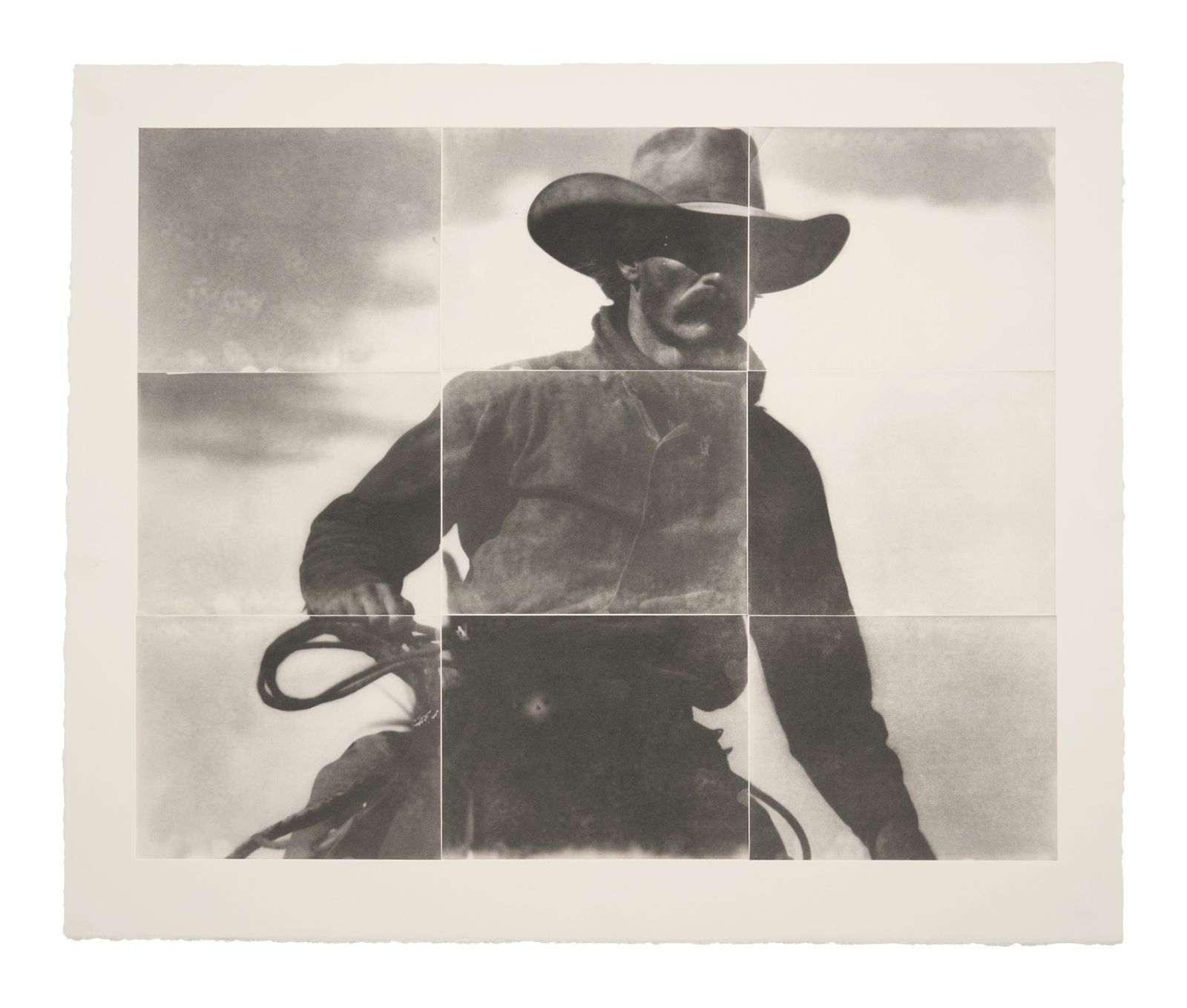 An AI-generated image of a cowboy riding a horse is shown in black and white.