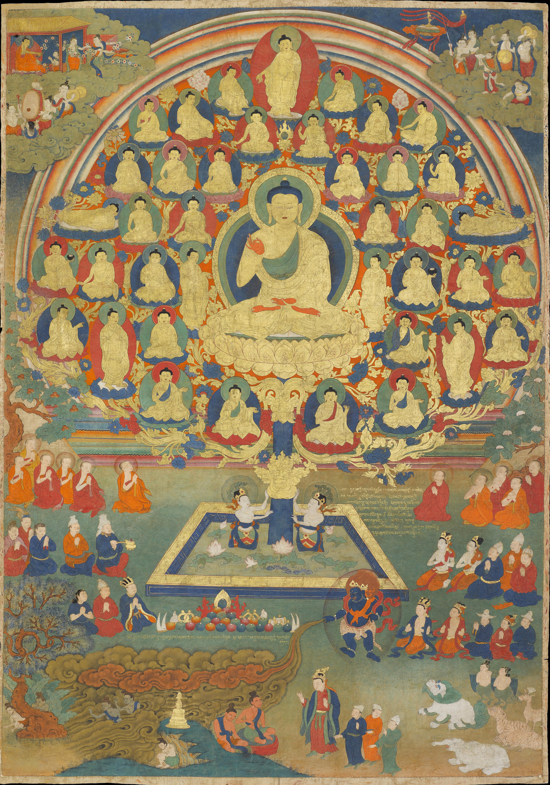 this elaborate and skillfully-painted thangka depicts one episode of the Miracles at Shravasti
