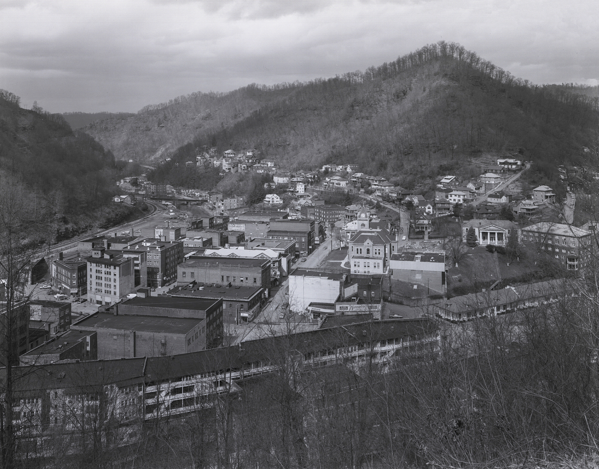 View of Welch, WV with Old and New Welch County Courthouses, US 52 and 52 Bypass, Welch, WV, 1977