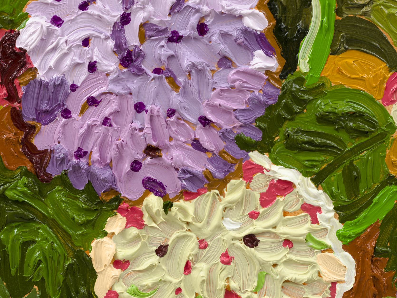 Detail of purple and cream colored flowers in a painting by Susan Chen