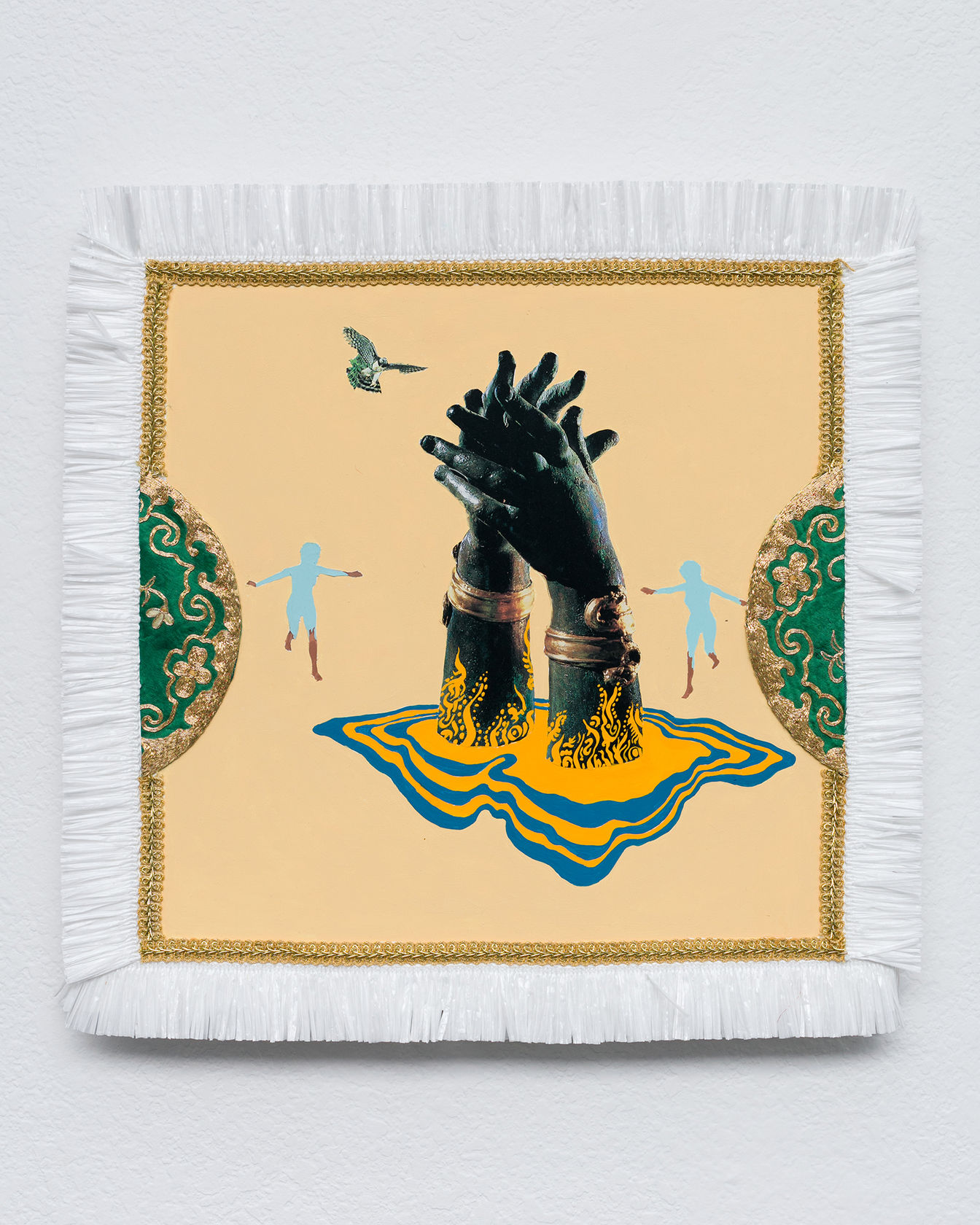 Suchitra Mattai Wonder Plus Fear, 2021 Gouache, vintage magazine, and fiber, 18 x 18 in (45.7 x 45.7 cm)