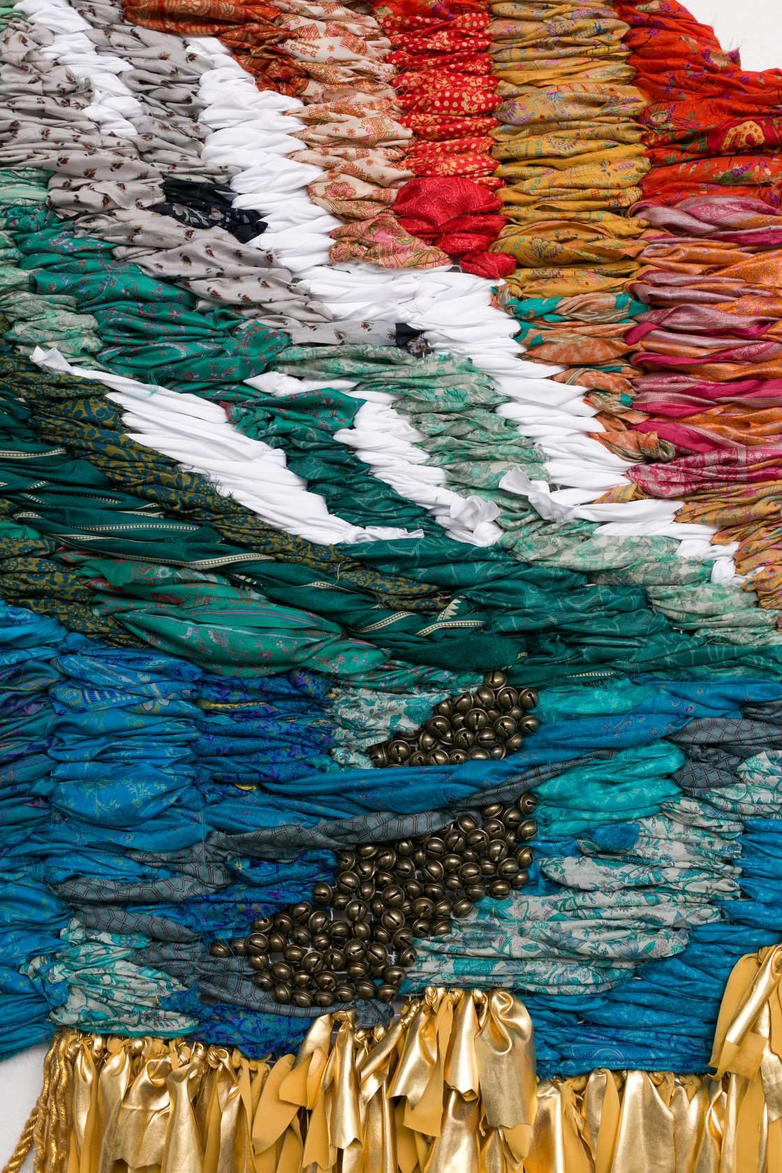 Suchitra Mattai An Alien Spirit with a Breathtaking View, 2022 Vintage saris, fabric, cord, ghungroo bells, and garland, 76 x...