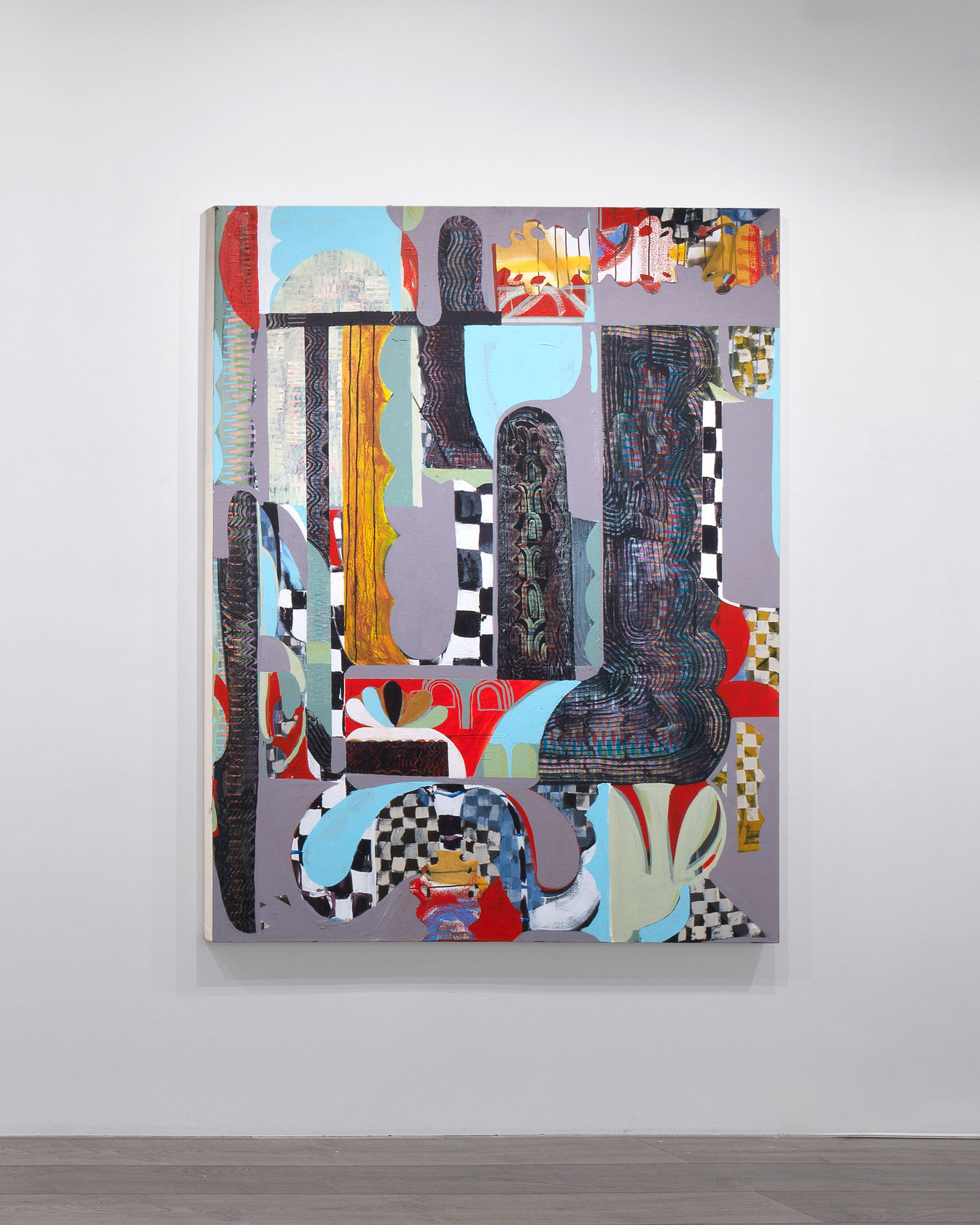 Paige Beeber Laced Windows, 2021–22 Acrylic, oil, and collage on canvas, 78 x 60 in. (198.1 x 152.4 cm)