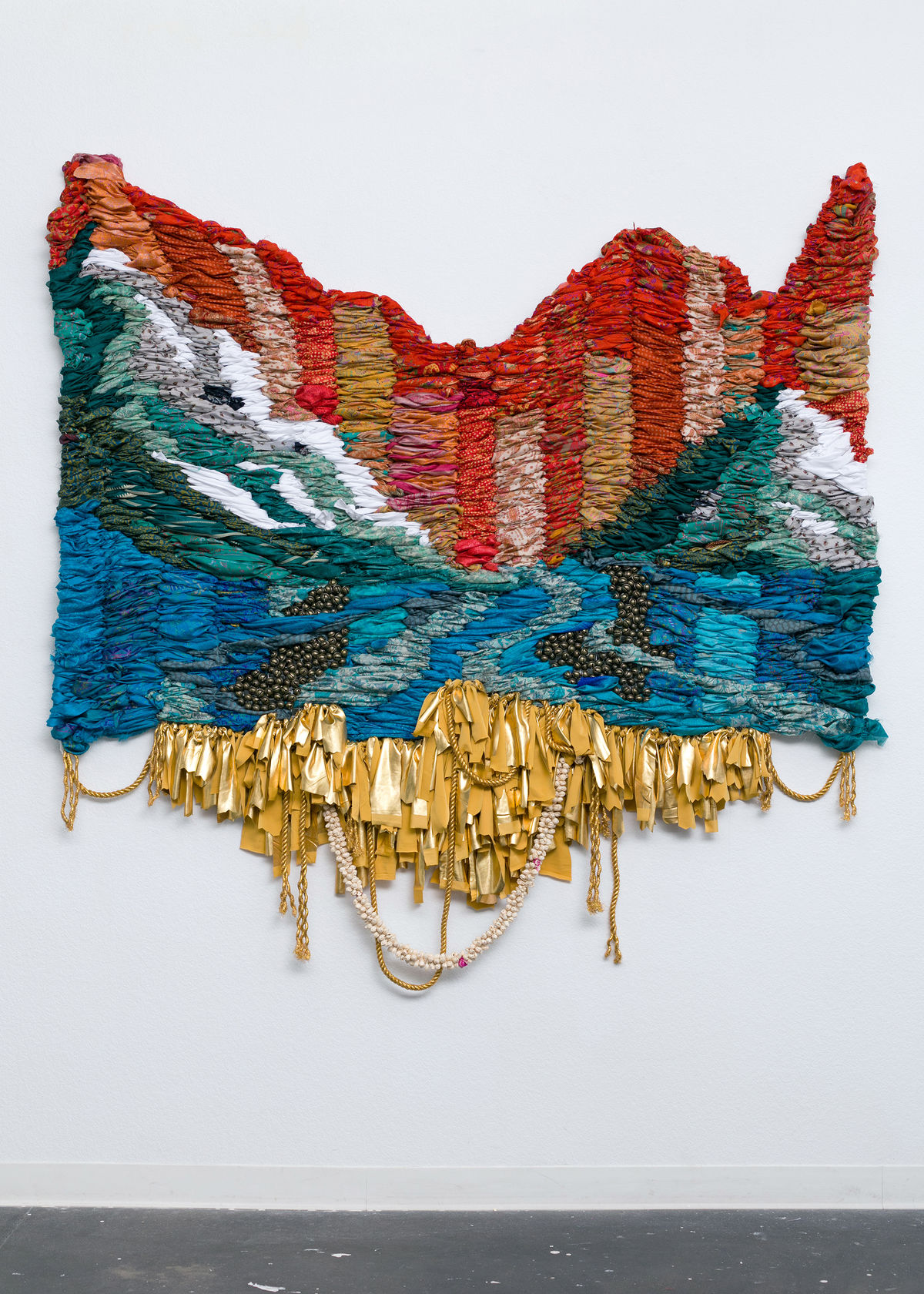 Suchitra Mattai An Alien Spirit with a Breathtaking View, 2022 Vintage saris, fabric, cord, ghungroo bells, and garland, 76 x...