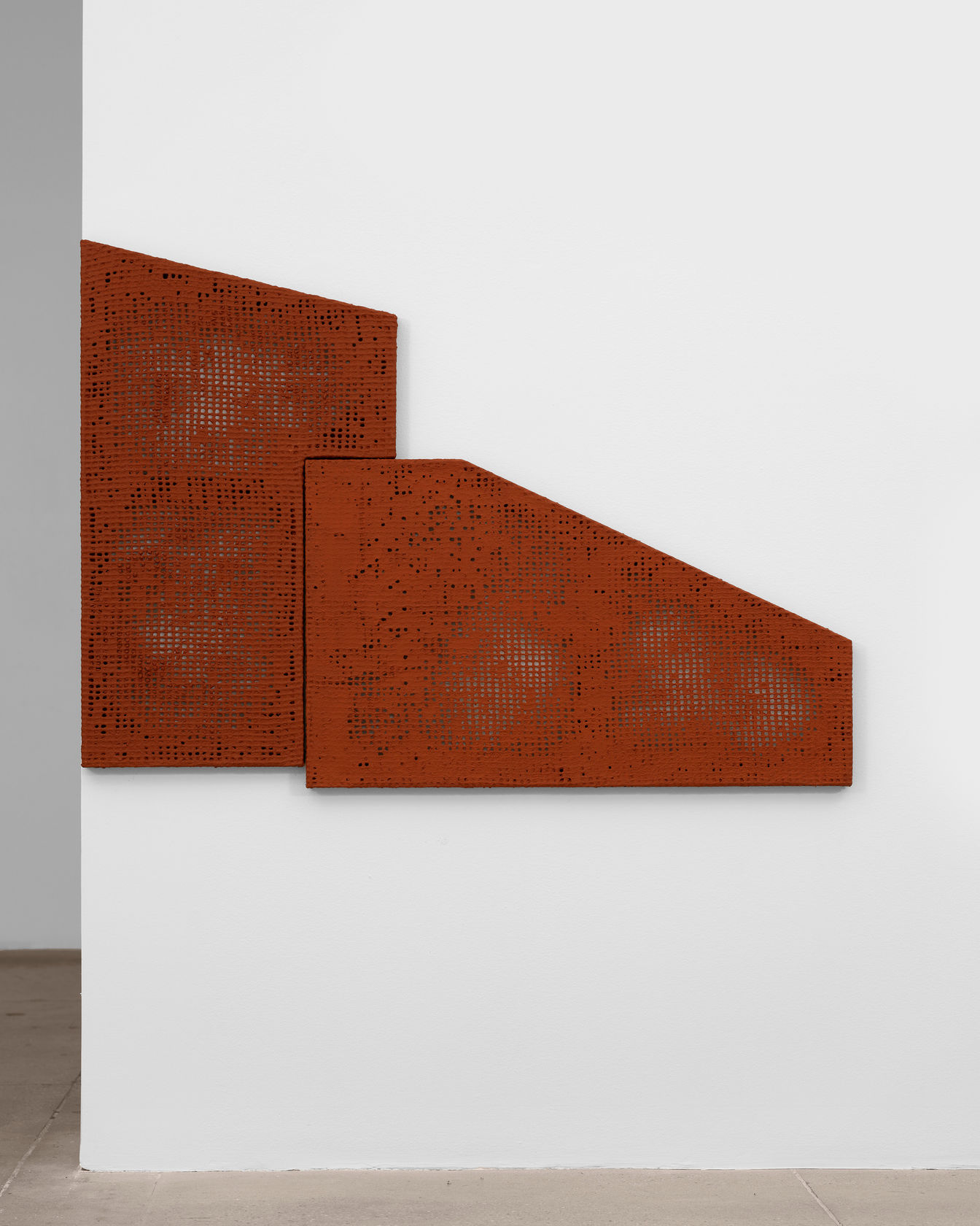Delcy Morelos Eva, 2013 2 parts; clay, brick dust, and acrylic binder on cotton weave 34 3/4 x 49 1/4...