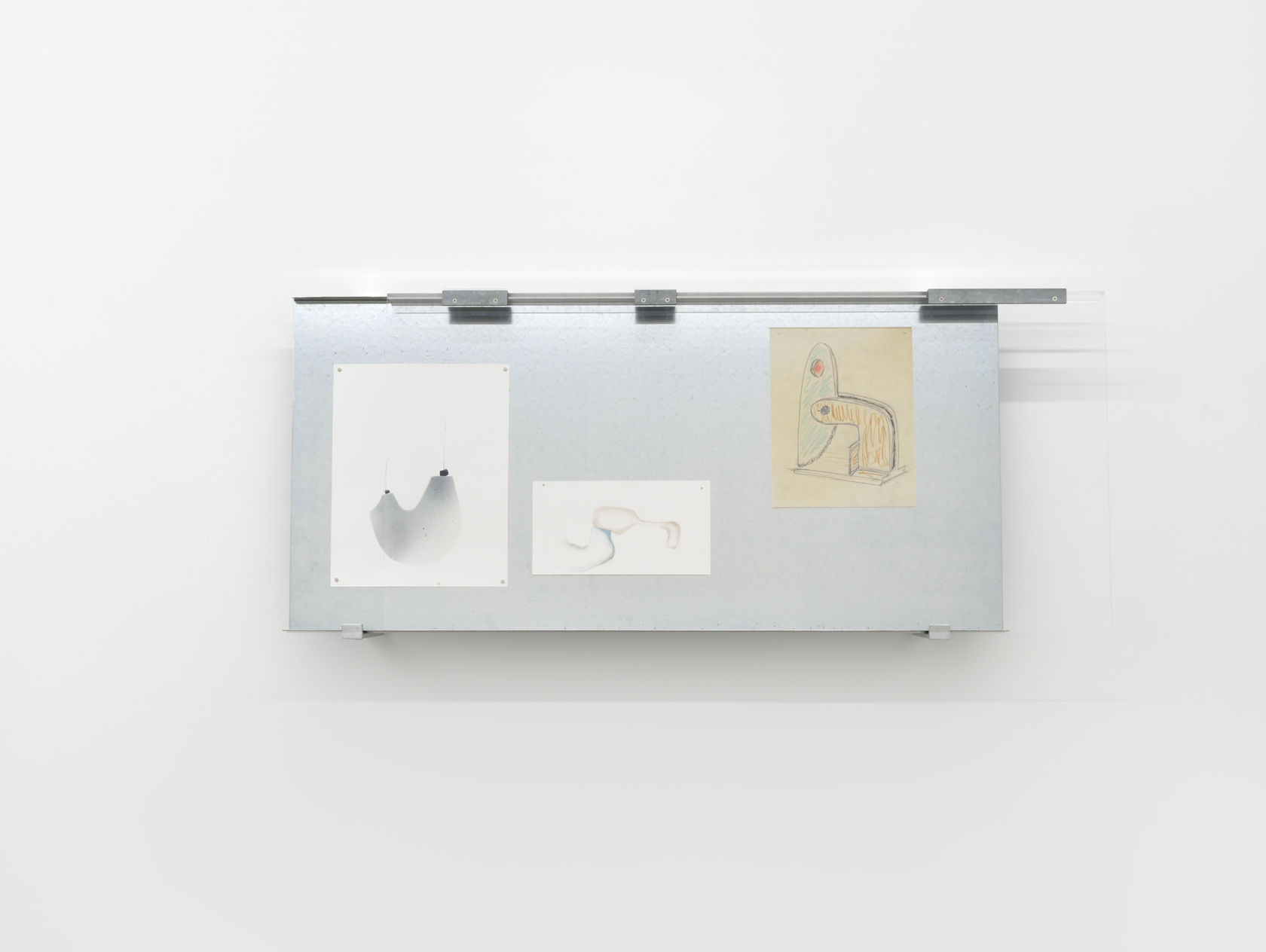 Nairy Baghramian Side Leaps Zinc-coated metal, Plexiglas, pencil on paper, watercolor on paper, pencil on paper Vitrine: 23 1/8 x...