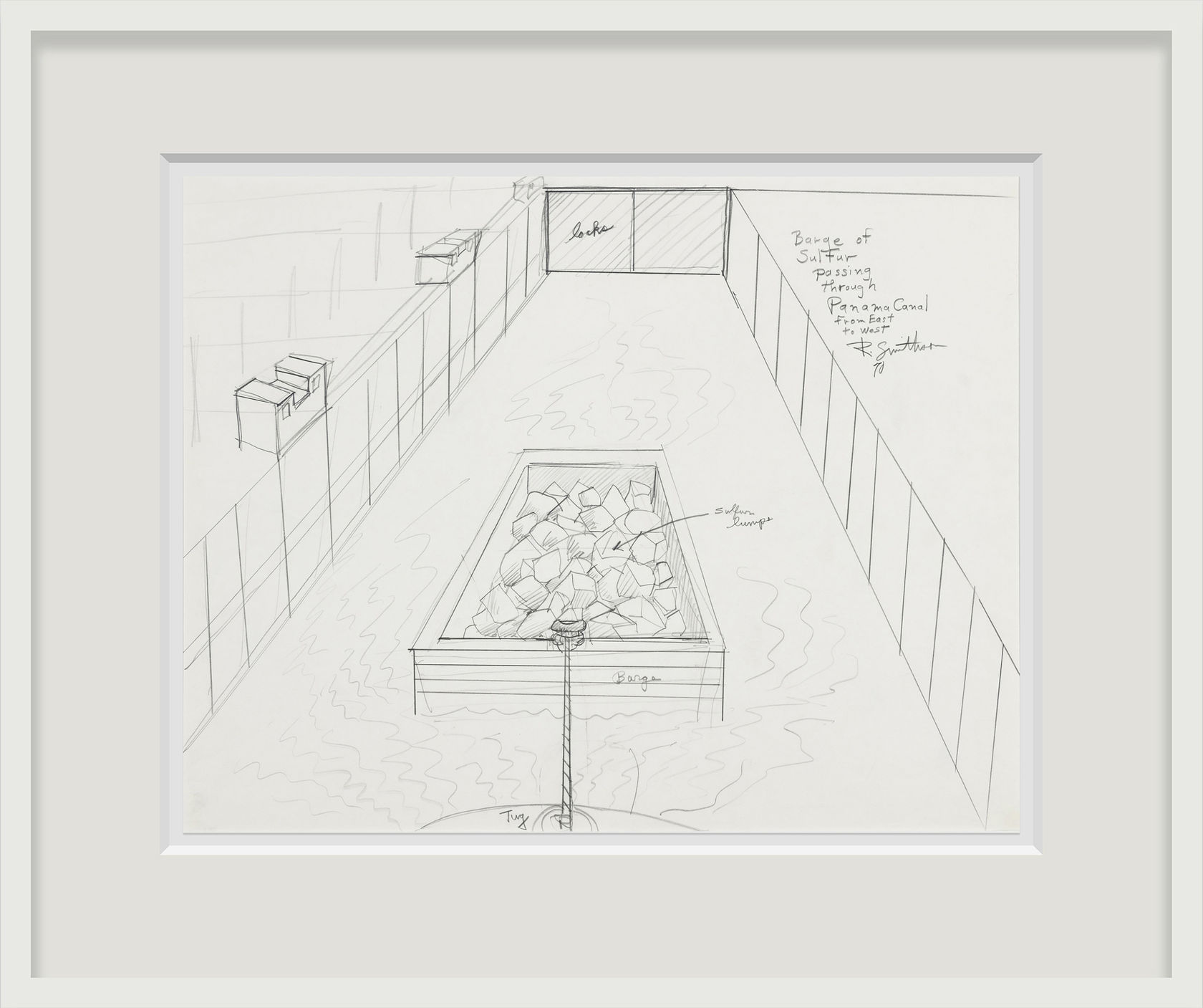 Robert Smithson Barge of Sulphur Passing Through Panama Canal from East to West, 1970 Pencil on paper Paper: 19 x...