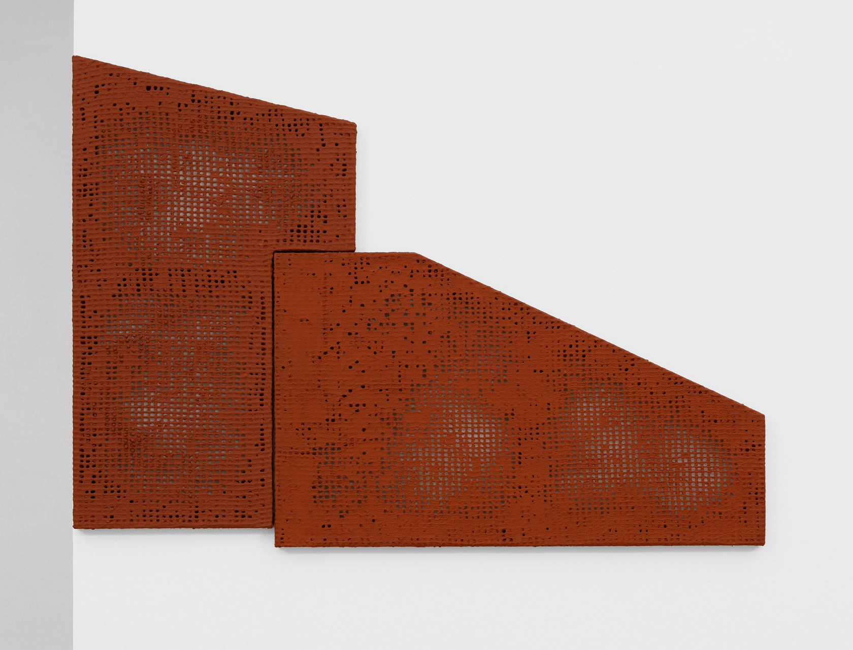 Delcy Morelos Eva, 2013 2 parts; clay, brick dust, and acrylic binder on cotton weave 34 3/4 x 49 1/4...