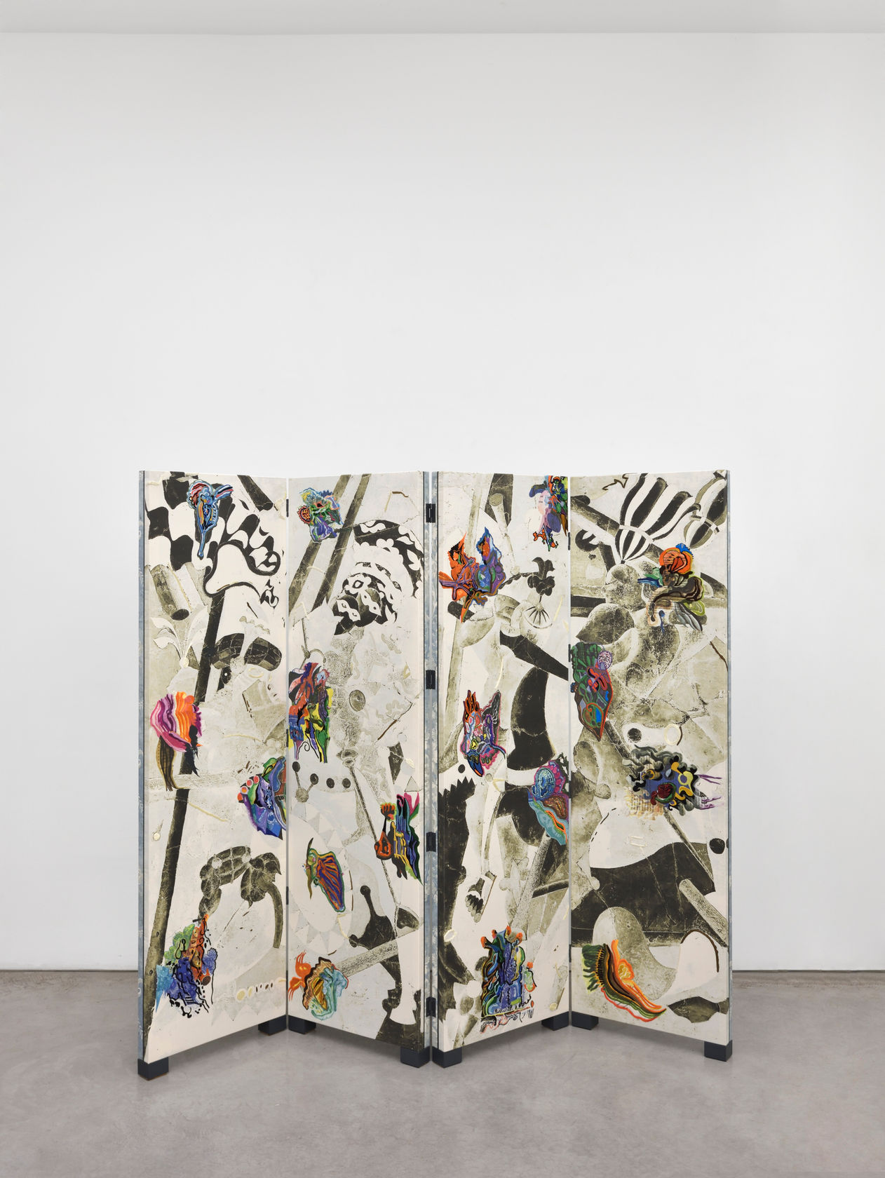 Edi Rama Untitled, 2024 Paravent, printed fabric, embroidery, ceramic and bronze sculpture 64 3/4 x 71 5/8 x 2 in....