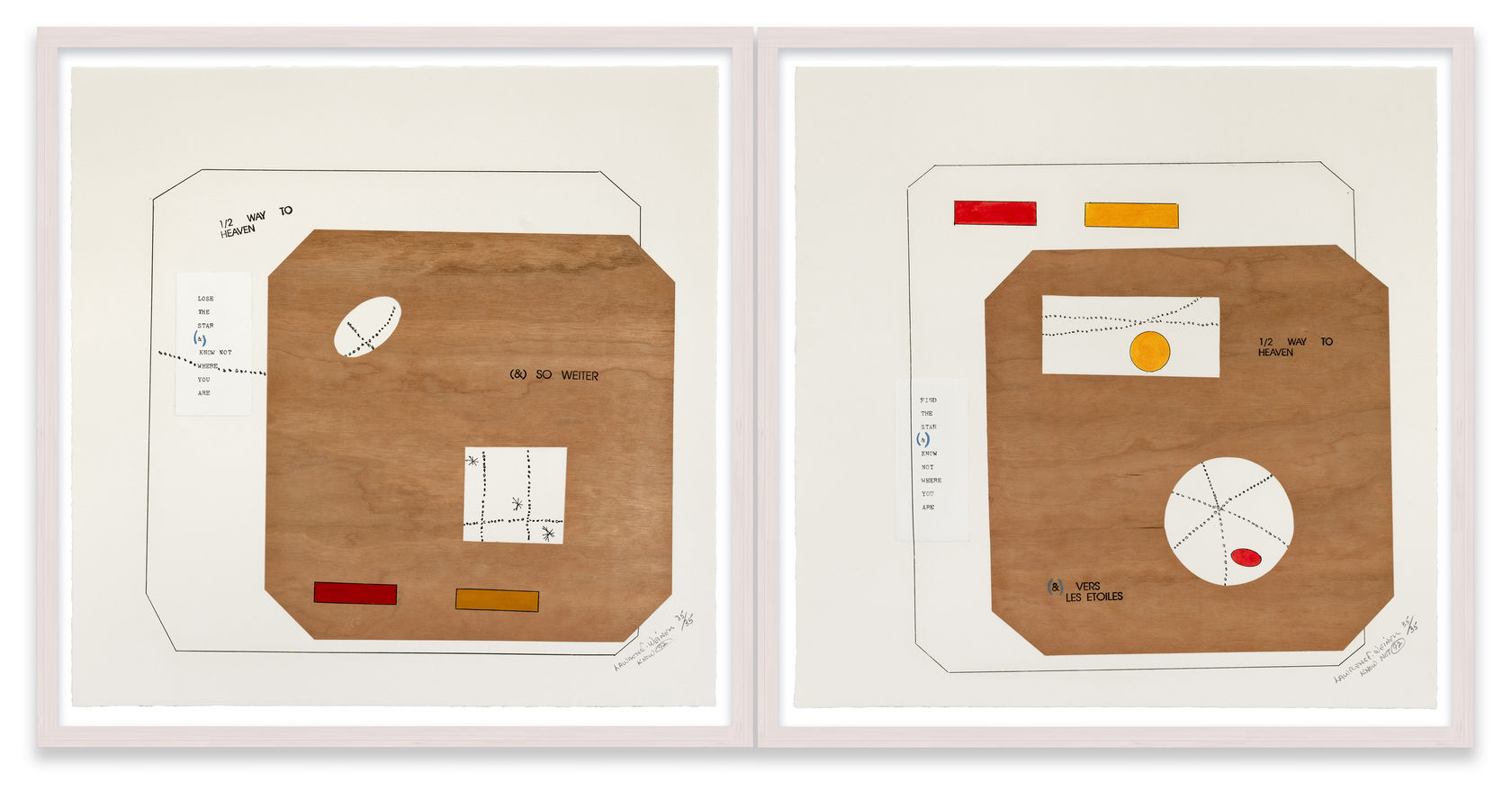 Lawrence Weiner 1/2 WAY TO HEAVEN - KNOW AND KNOW NOT, 1992 Diptych; hardground etching and Chine collé (BFK Rives)...