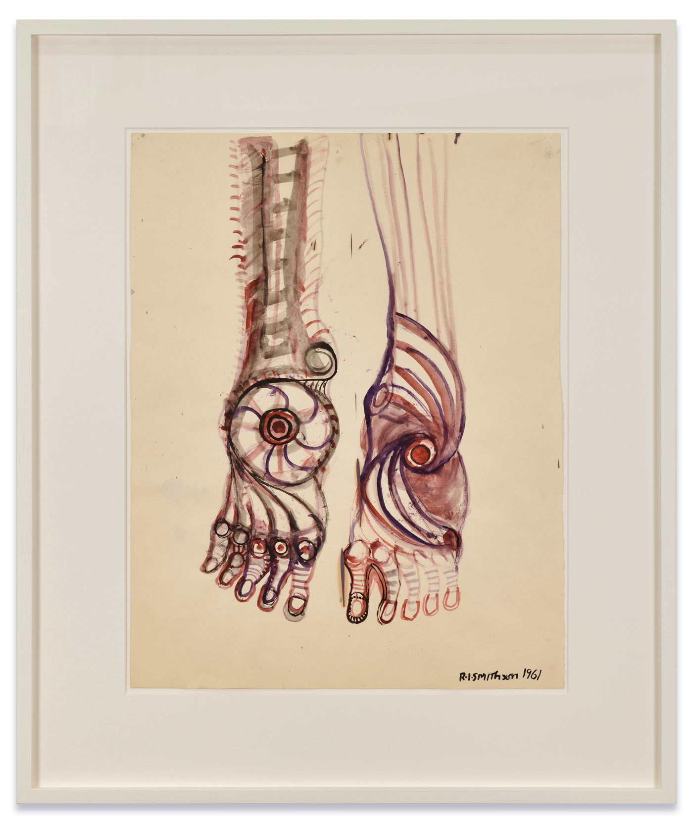 Robert Smithson Feet of Christ, 1961 Gouache on paper Paper: 18 x 14 in. (45.7 x 35.6 cm) Frame: 25...