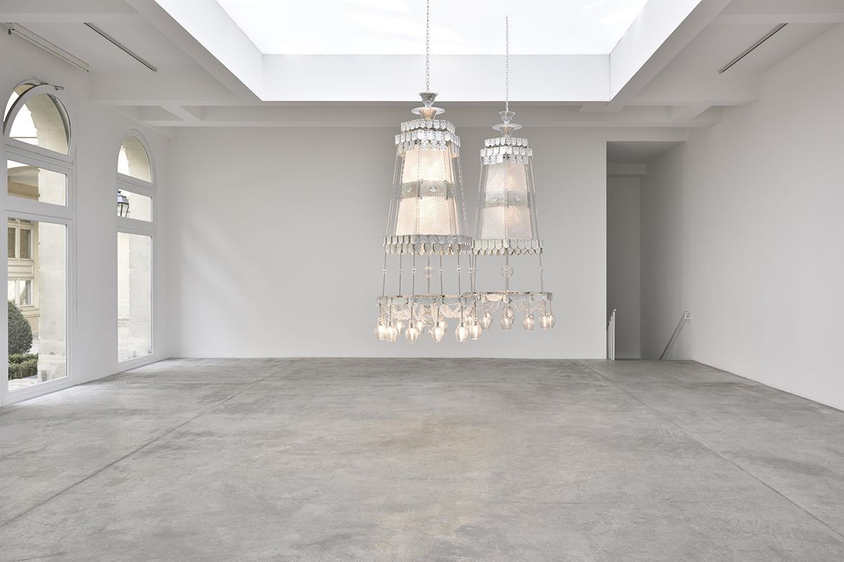 Cerith Wyn Evans S=U=T=R=A, 2017 2 Murano glass chandeliers fabricated by Galliano Ferro Overall dimensions variable Small chandelier height: 90...