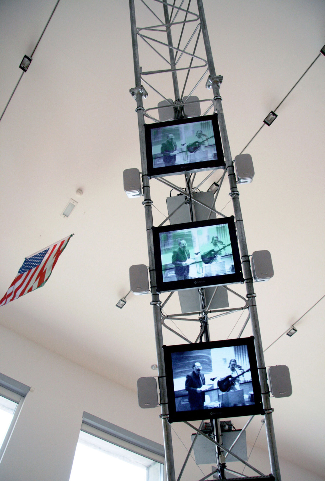 Dara Birnbaum Transmission Tower: Sentinel, 1992 8 channel color video, 8 channel stereo audio, 2 sections of Rohn steel transmission...