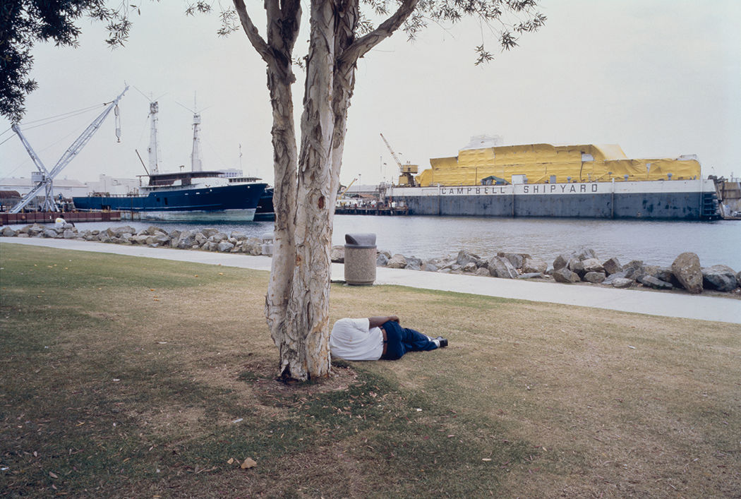 Allan Sekula Man sleeping under a eucalyptus tree, Embarcadero park, (SD) from 'Fish Story', 1989-1995