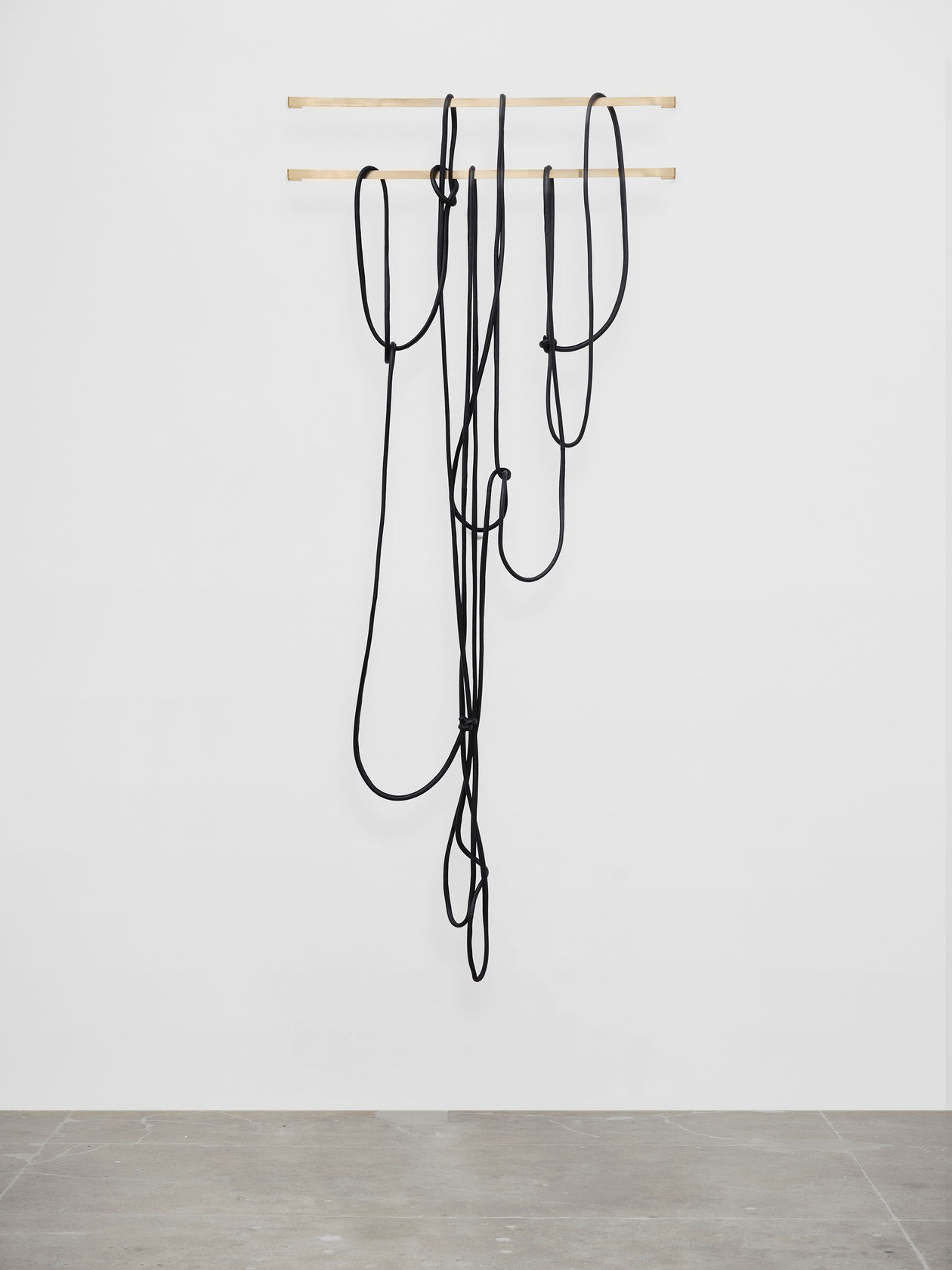 Leonor Antunes discrepancies with W.W. #11, 2025 Leather, rope Dimensions variable laid flat dims: 164'x7/8'