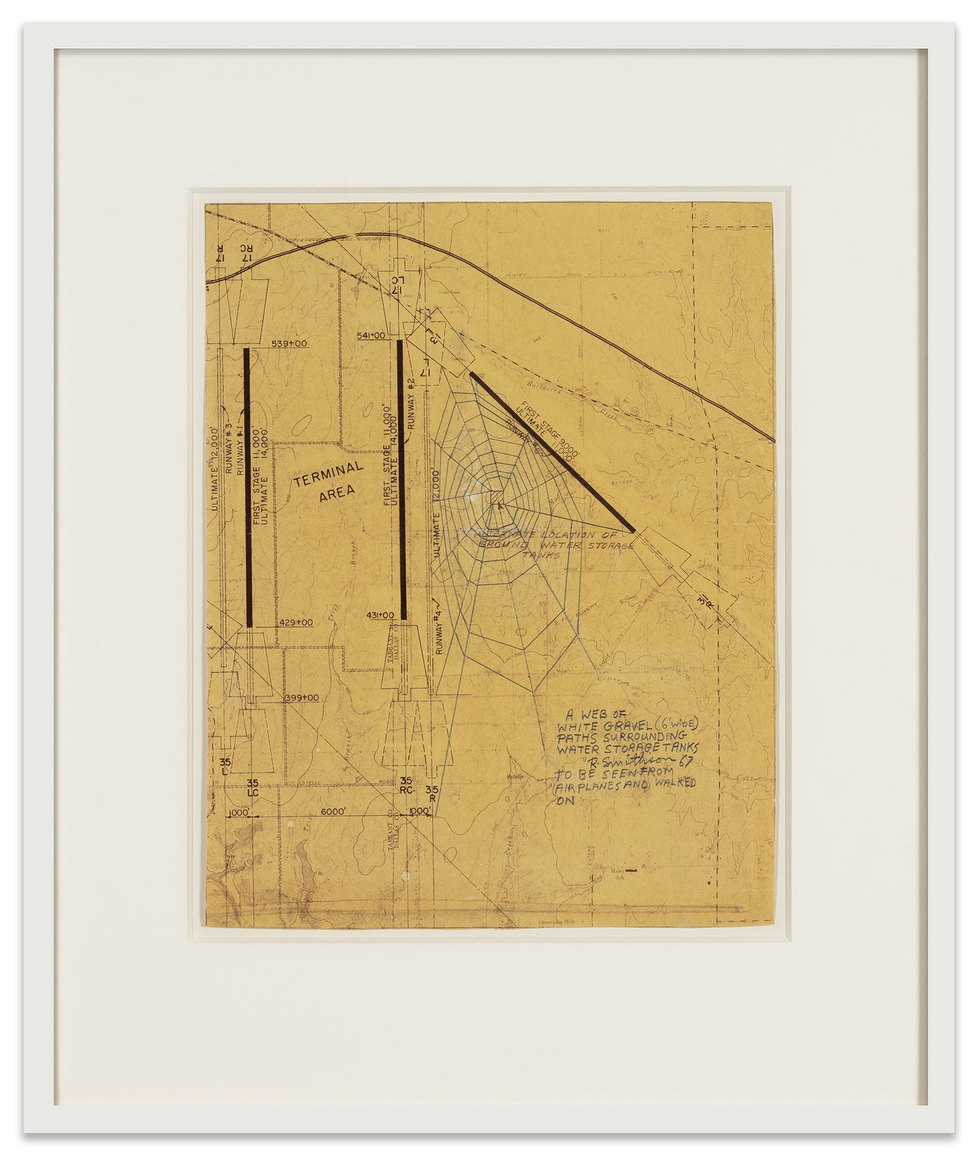 Robert Smithson A Web of White Gravel Paths Surrounding Water Storage Tanks, 1967 Pencil on photostat Paper: 14 x 11...